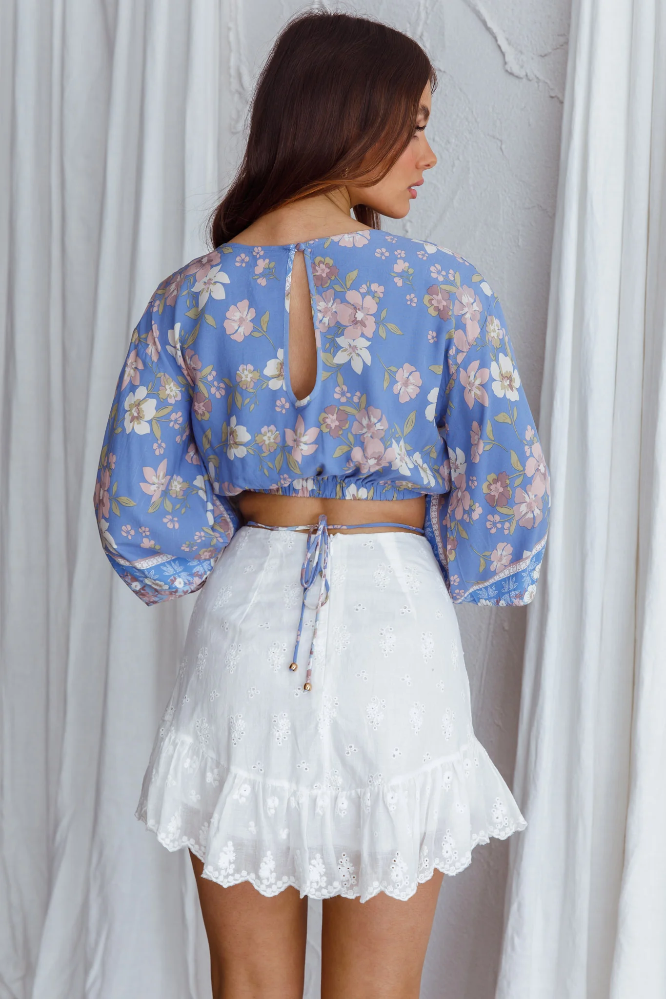 Sea View Long Sleeve Crop Top Floral Blue