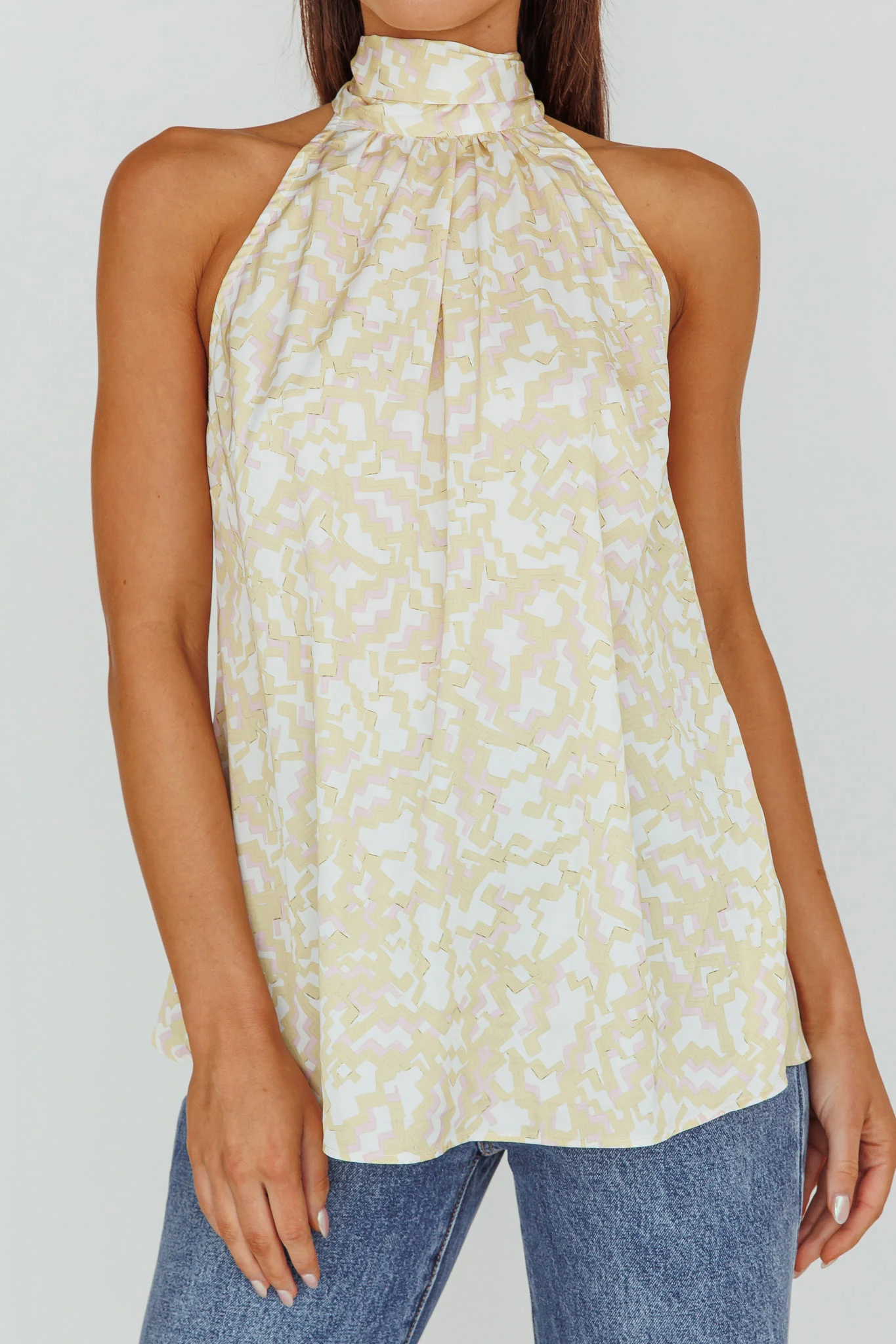 Calisto Sleeveless Tied Neck Top Geometric Yellow