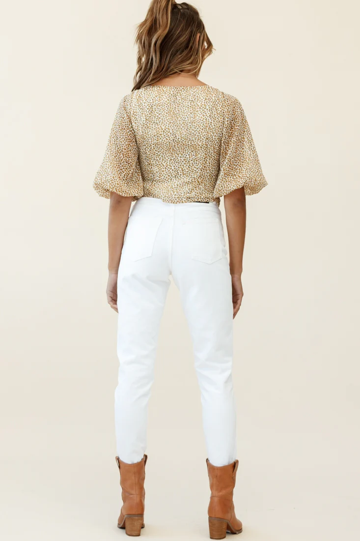 Taz Puff Sleeve Tie Front Top Leopard Print Mustard