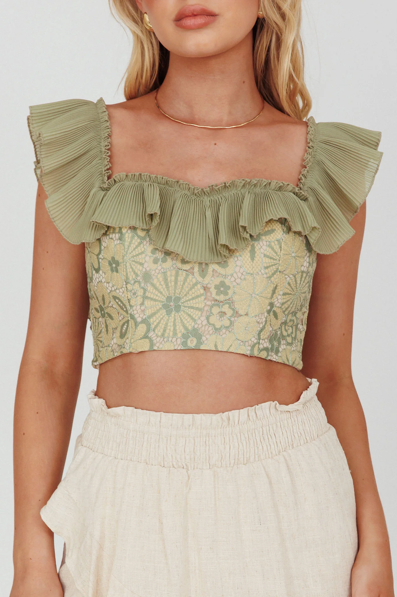 Dreamy On Or Off-Shoulder Frill Crop Top Beige/Olive
