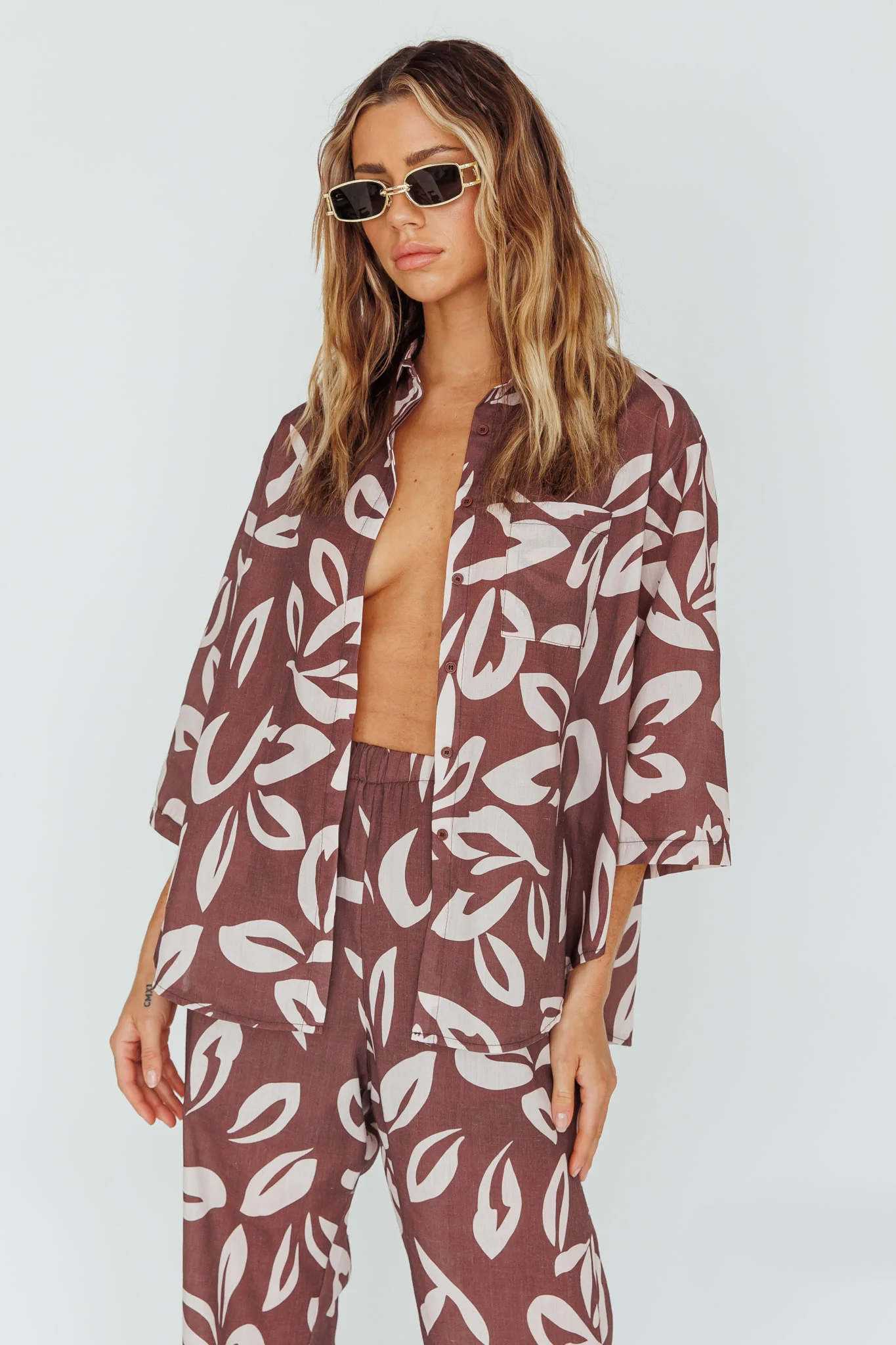 Just A Hunch Button Shirt Leaf Print Chocolate