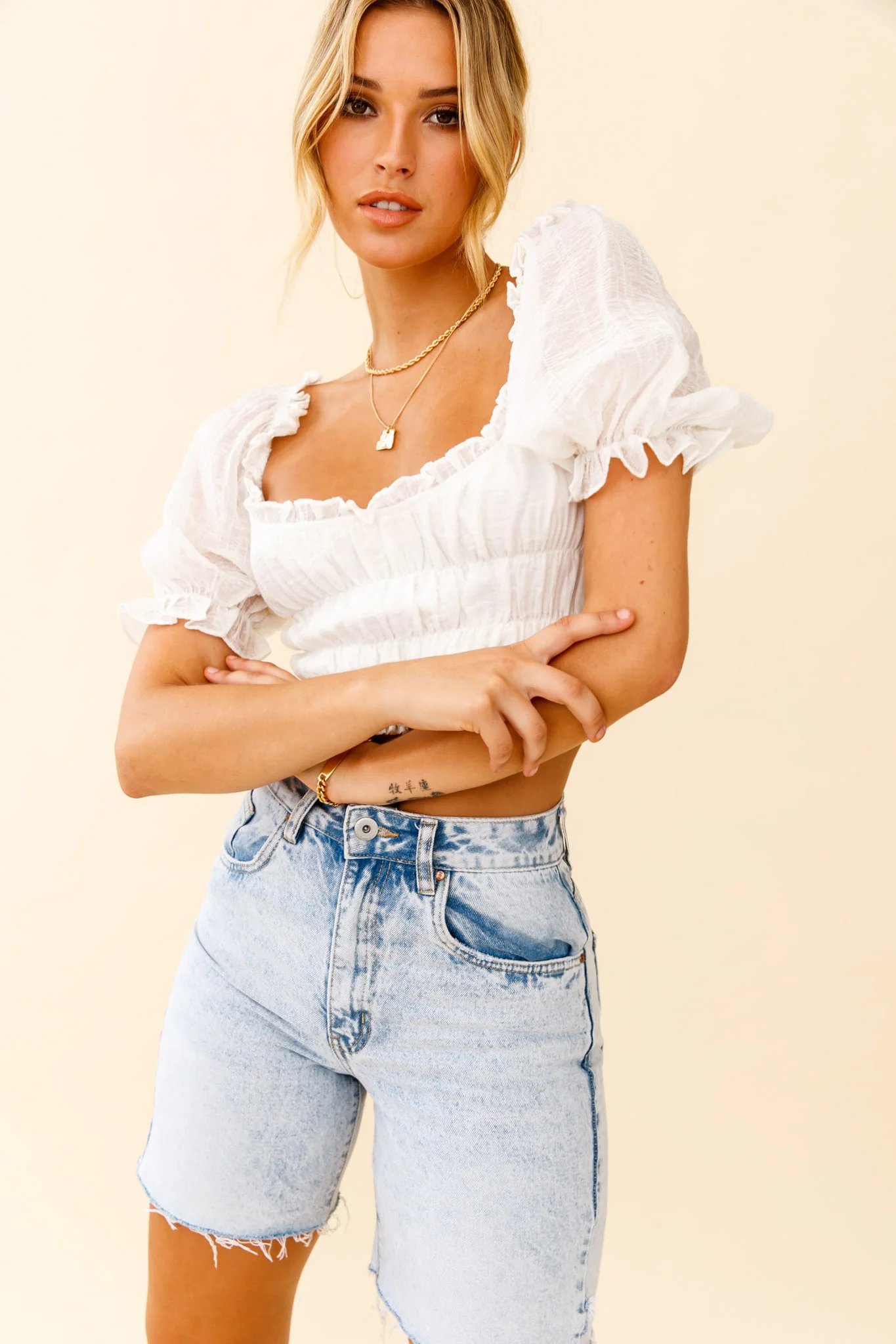 Romantics Shirred Bodice Puff Sleeve Crop Top White