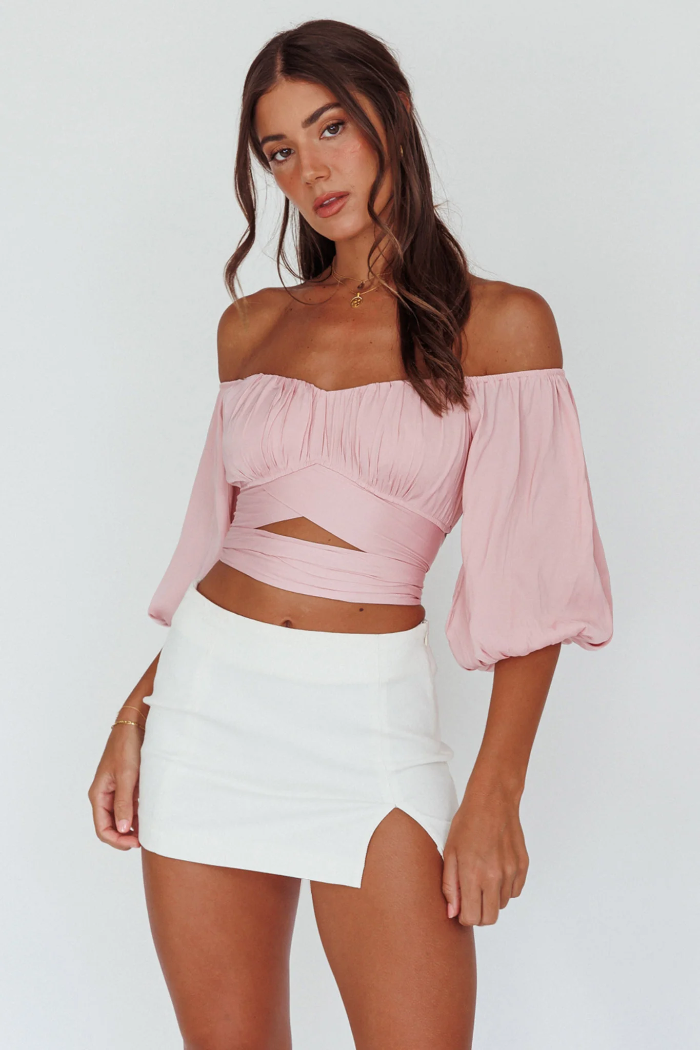 Linka Off-Shoulder Half Sleeve Tie-Back Crop Top Blush