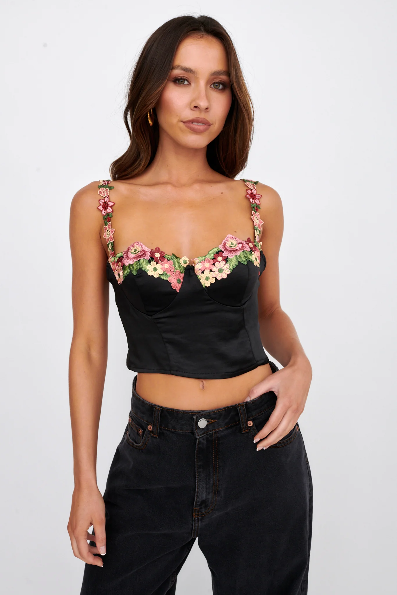 Rose Garden Floral Applique Crop Top Black