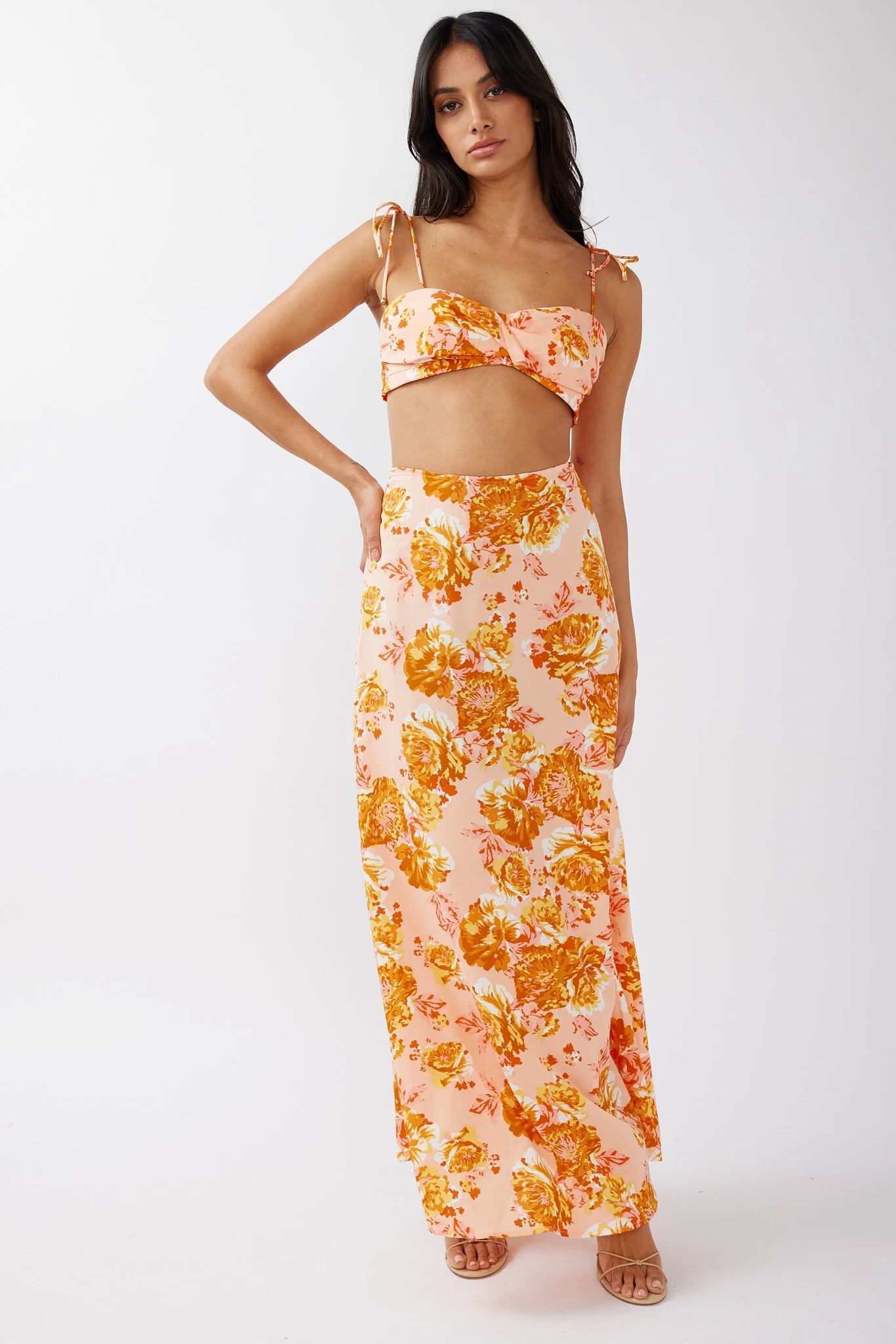 Gabbi Tied Shoulder Crop Top Floral Orange