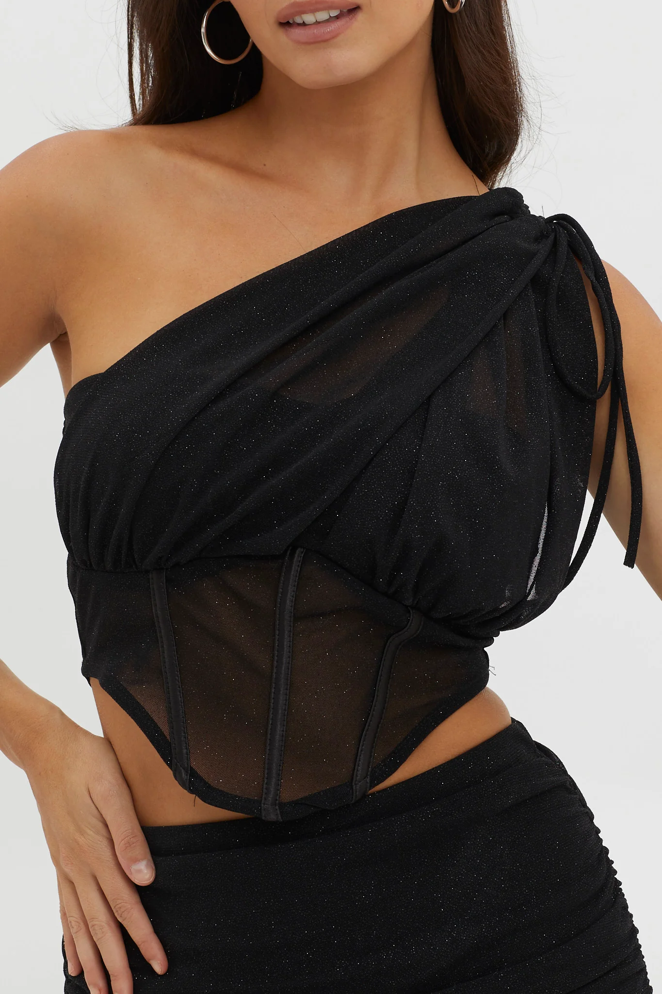 Maddisan One-Shoulder Glitter Mesh Top Black