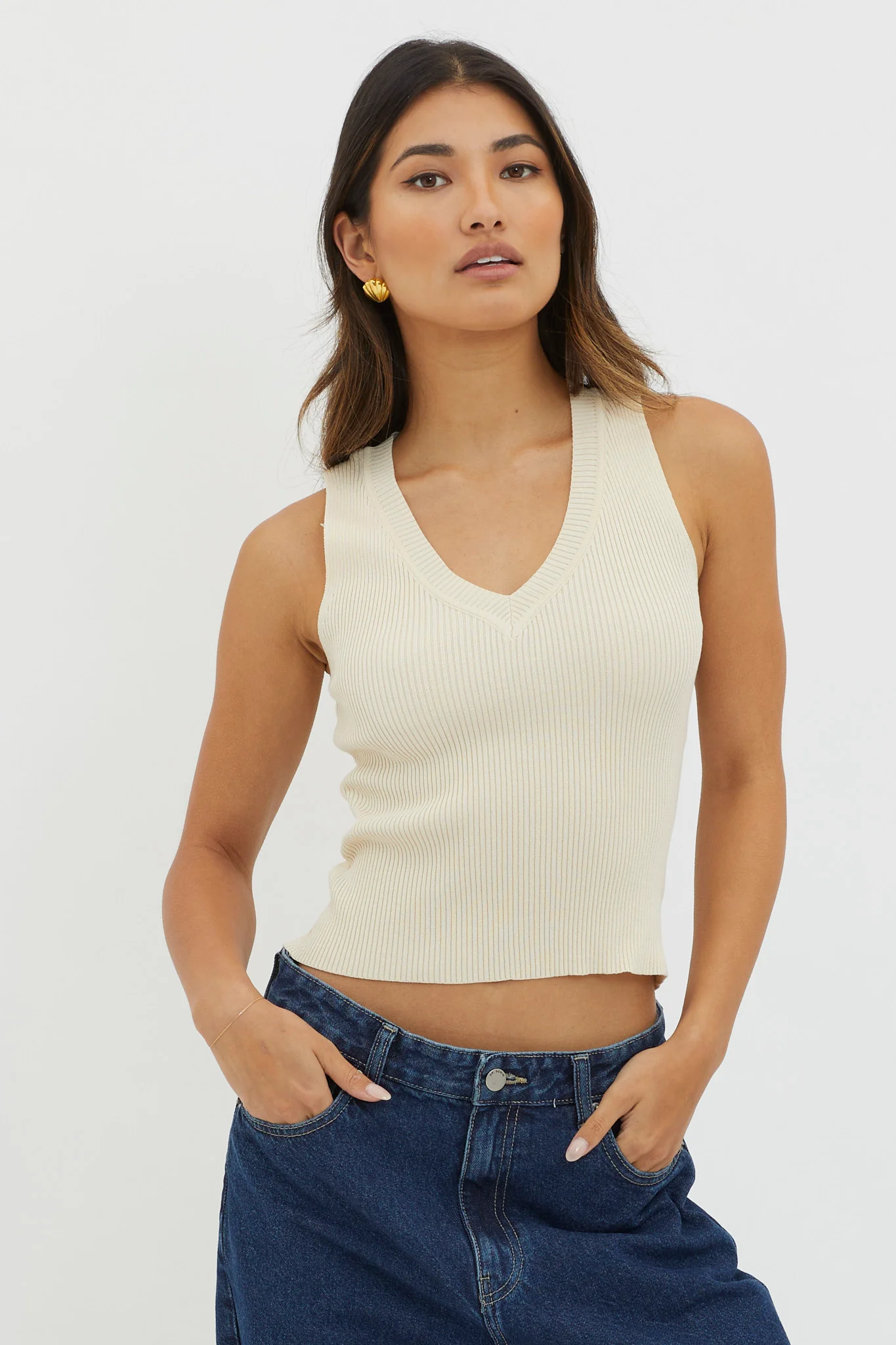 D'Lila V-Neck Ribbed Knit Top Cream