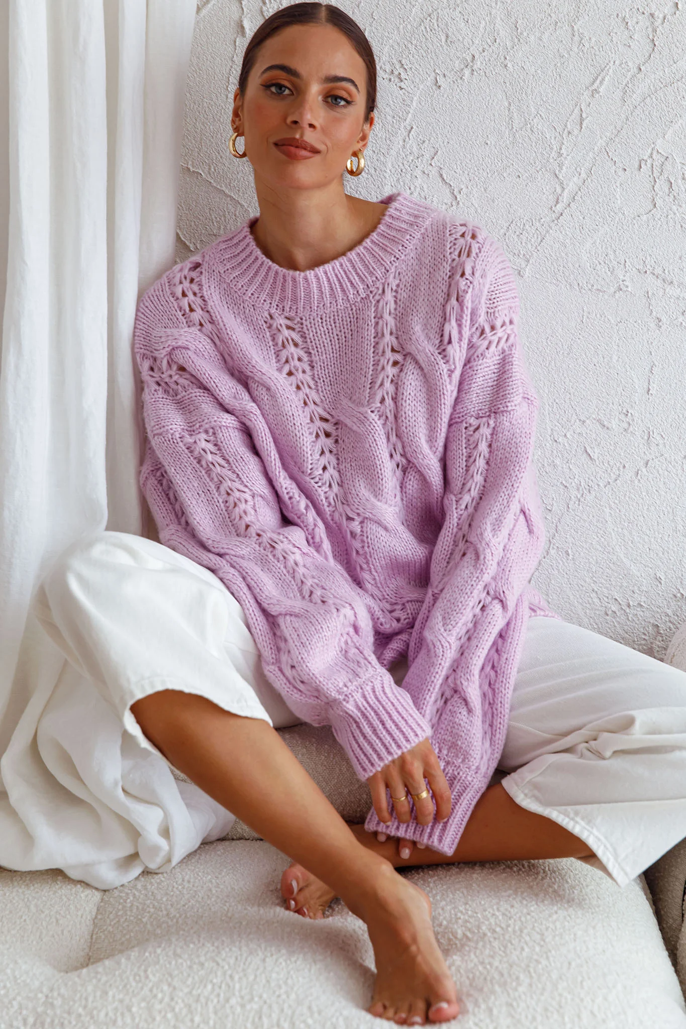 Nicola Long Sleeve Chunky Cable Knit Sweater Lilac