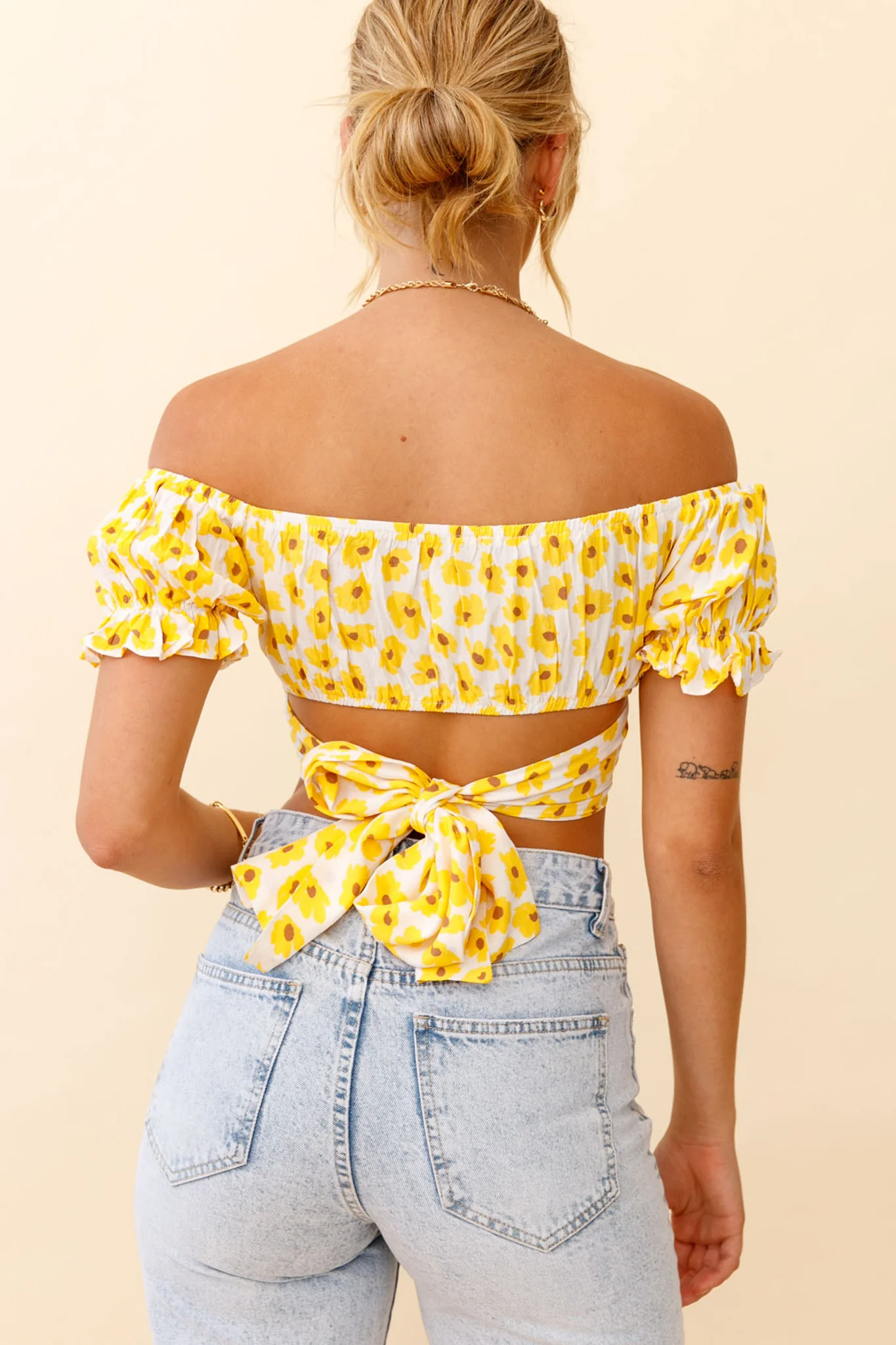 Linka Off-Shoulder Tie-Back Crop Top Flower Print Yellow