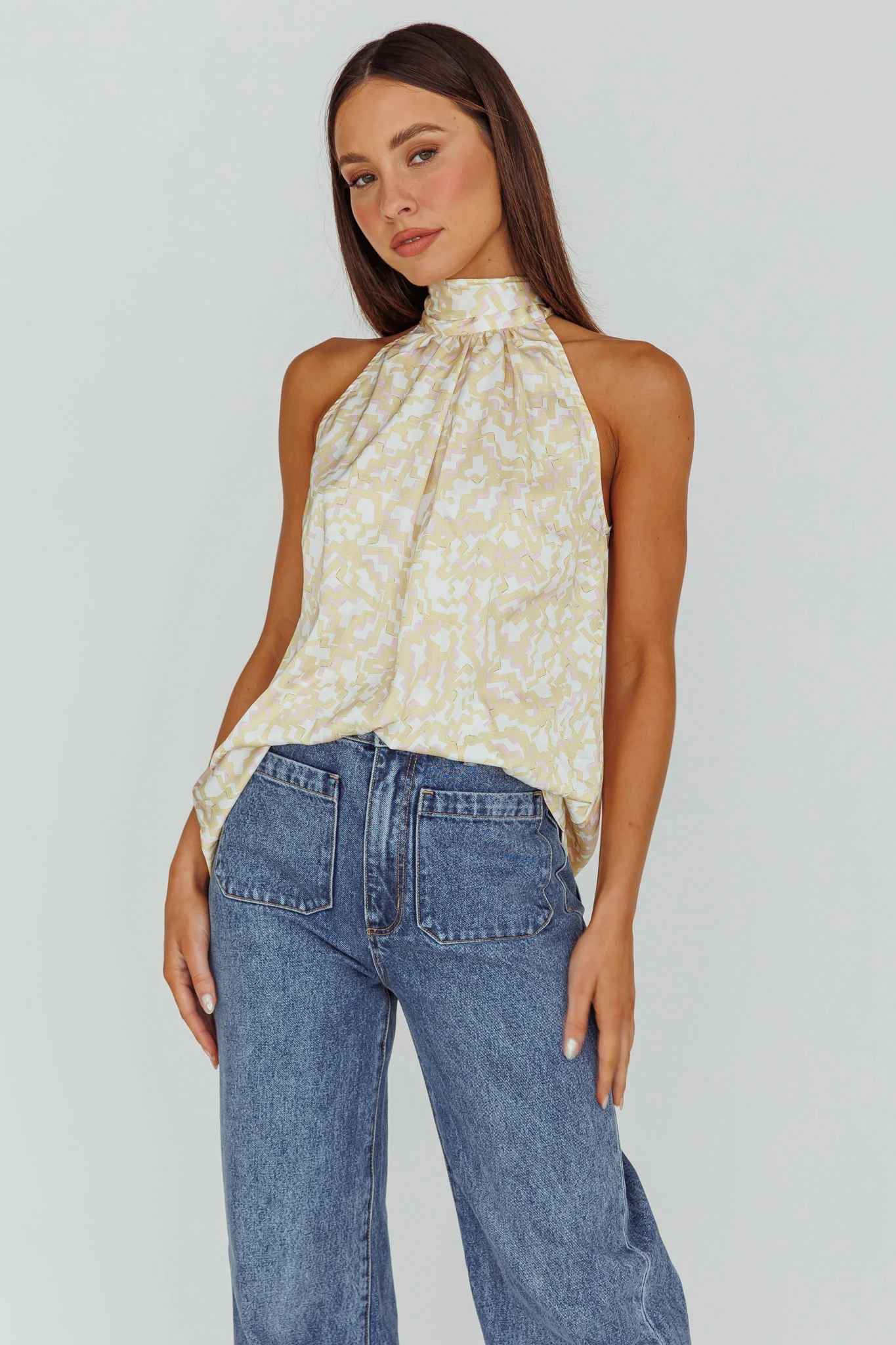 Calisto Sleeveless Tied Neck Top Geometric Yellow