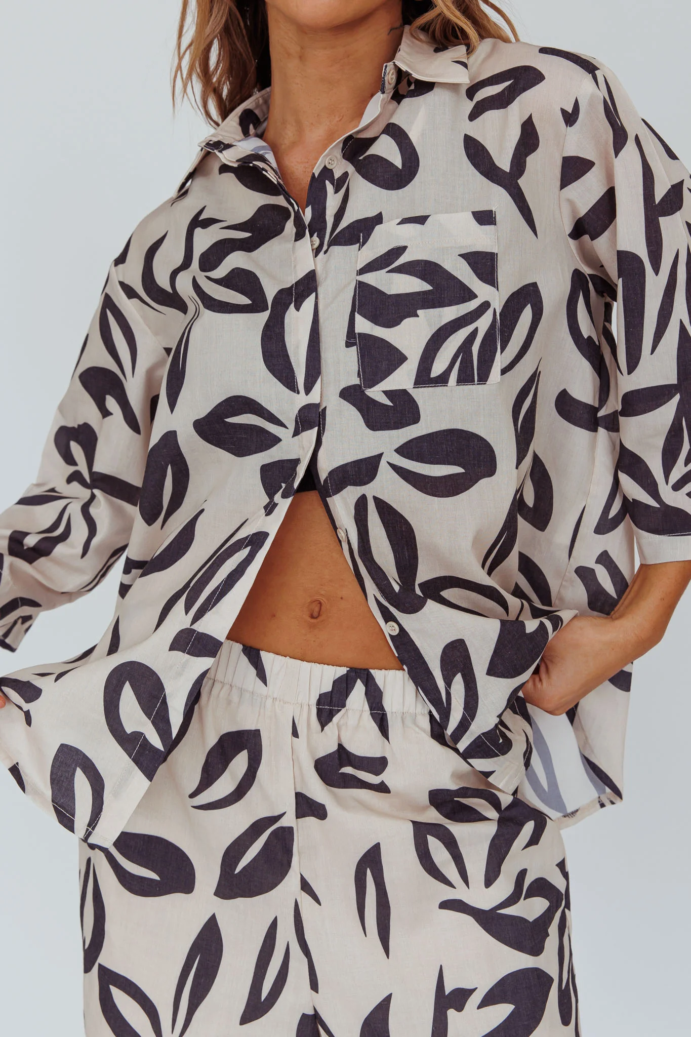 Just A Hunch Button Shirt Leaf Print Beige
