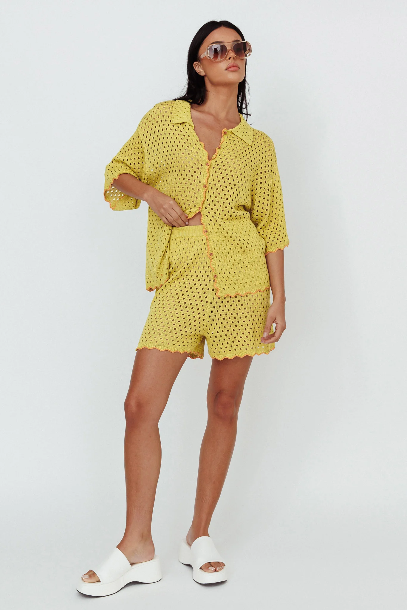 Just A Hunch Button Crochet Shirt Avocado/Pumpkin