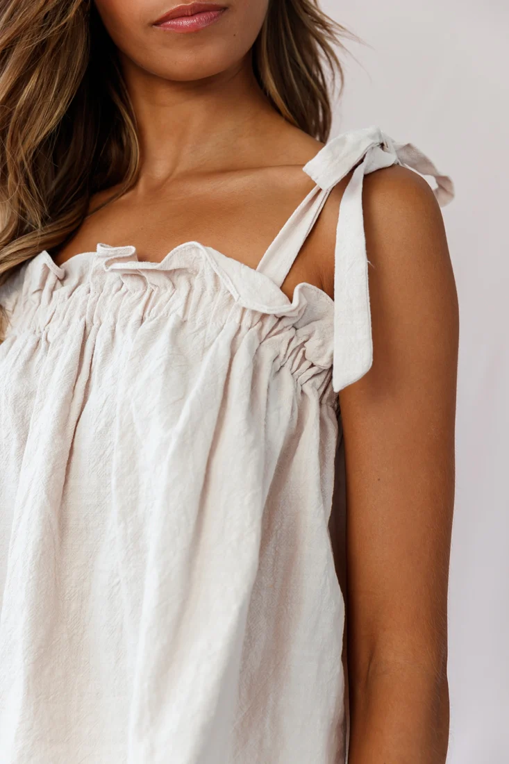 Journey Tied Shoulder Elasticated Neckline Top Beige