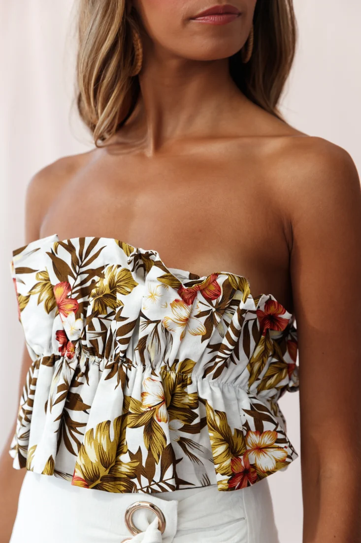 Thea Ruffle Crop Top Tropical Floral Print White