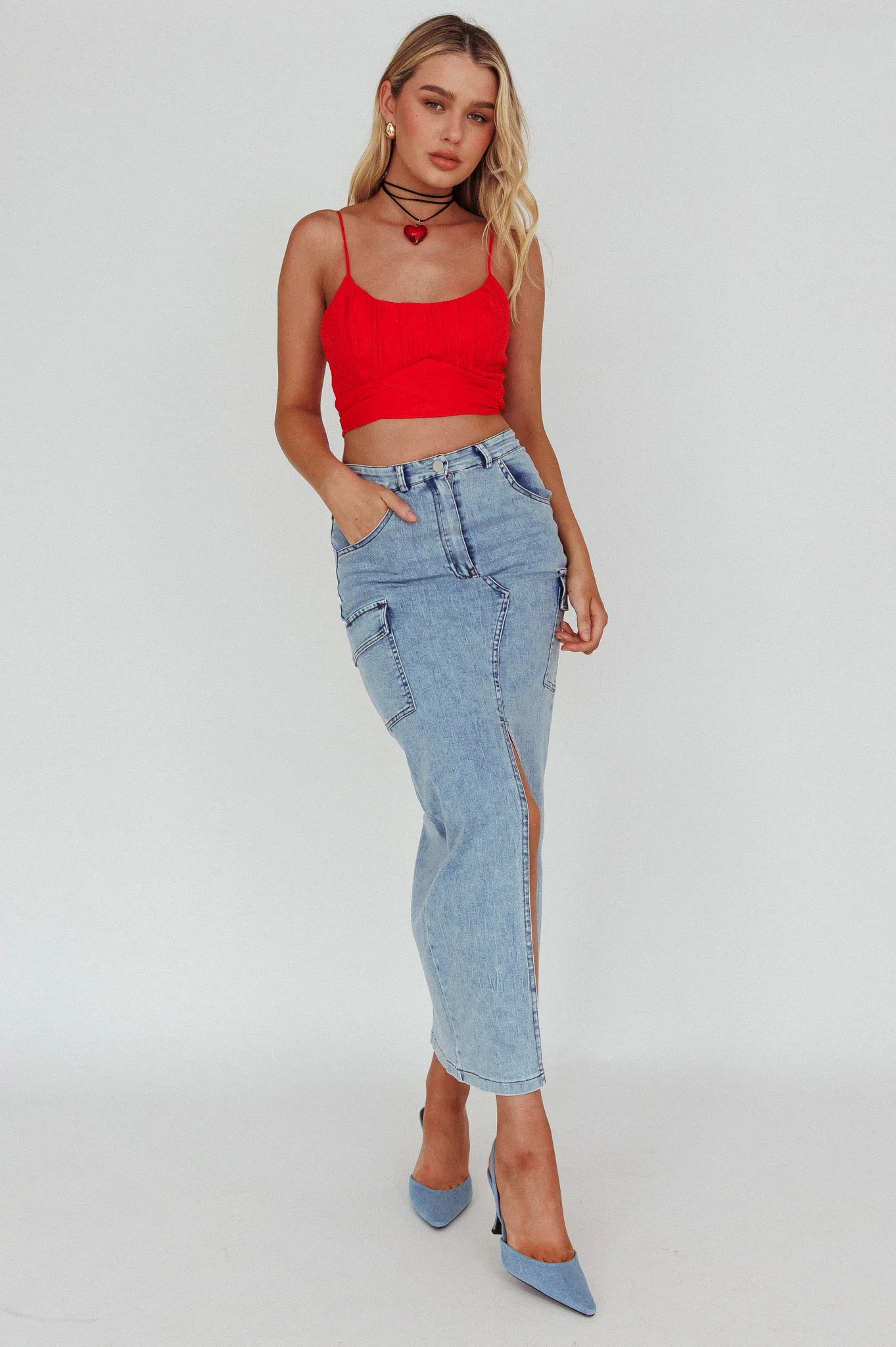 Linka Cami Strap Crop Top Red