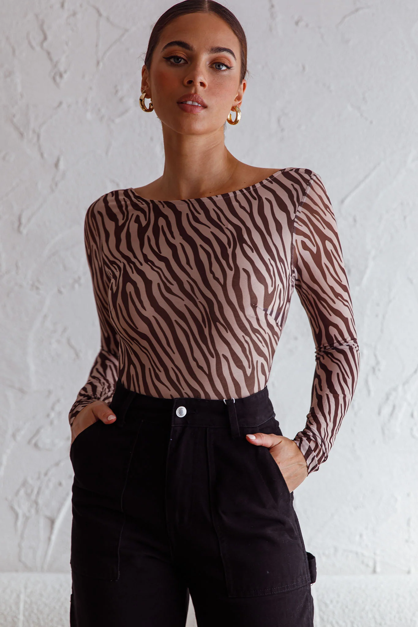 Juni Long Sleeve Low Back Mesh Bodysuit Tiger Print