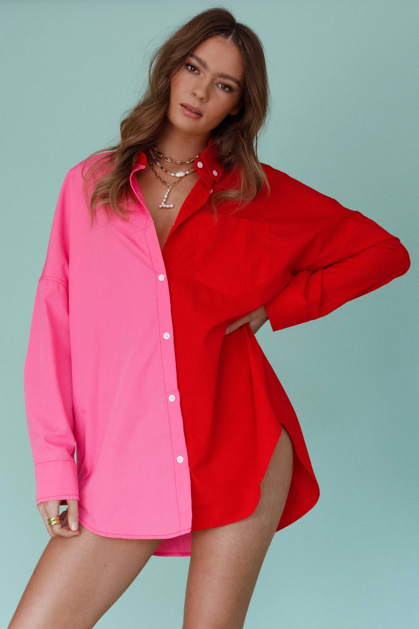 Blanca Long Sleeve Button-Up Shirt Pink/Red