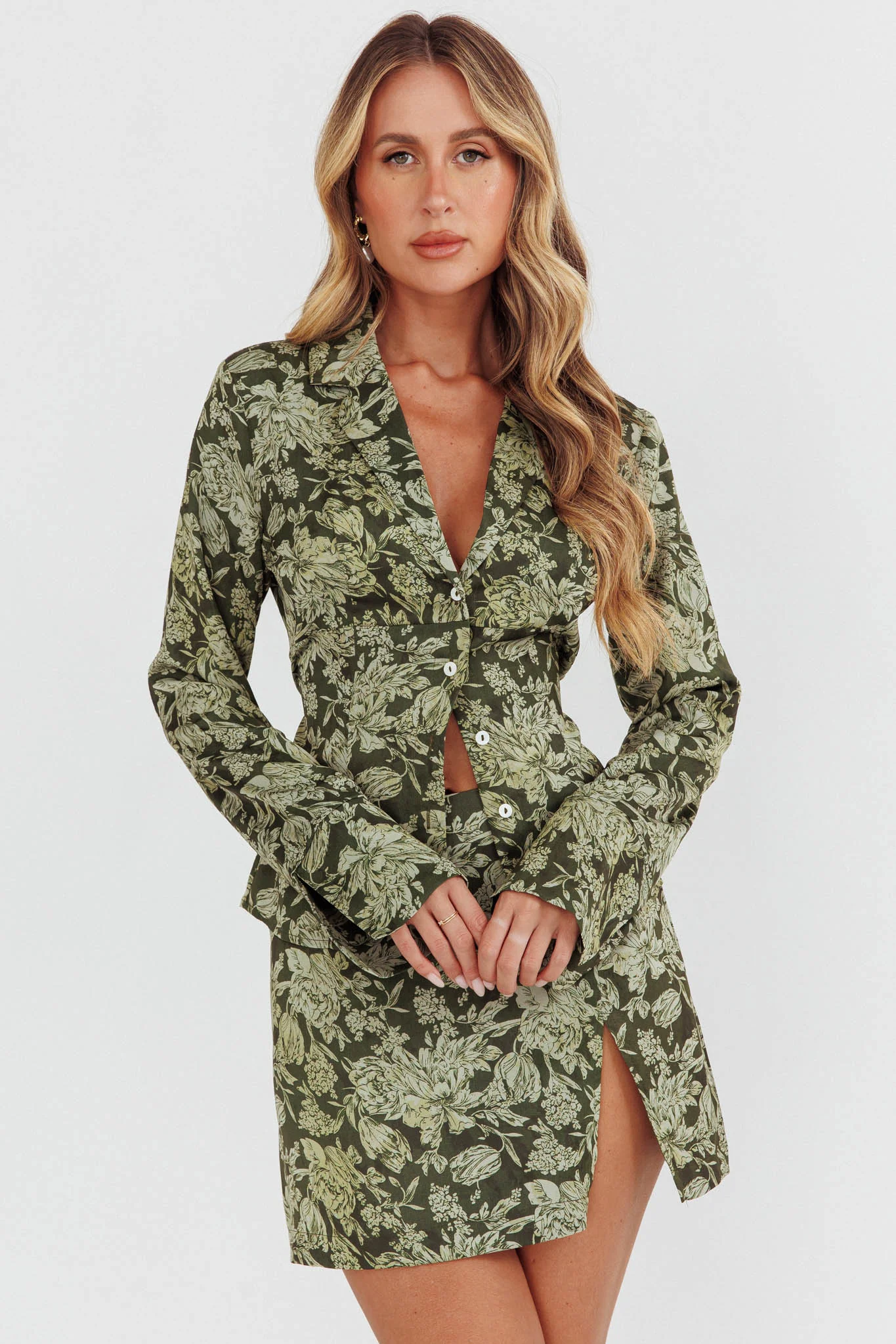 Caledonia Collared Button-Up Satin Shirt Floral Olive