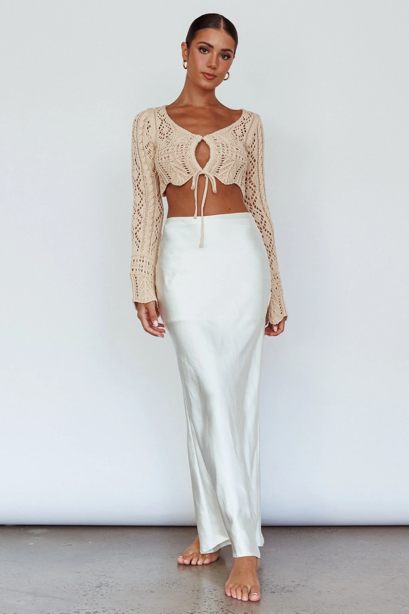 Maycie Long Sleeve Crochet Crop Top Beige