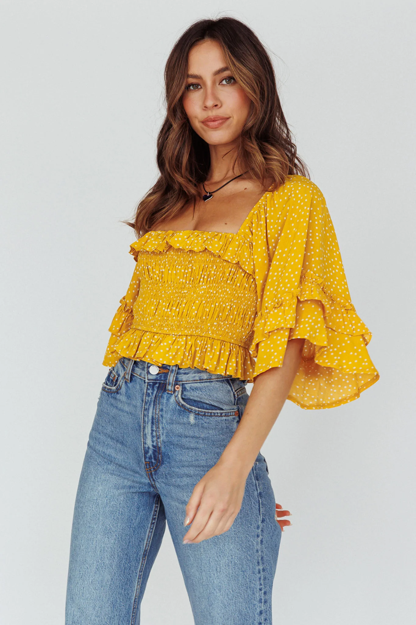 Boardwalk Bell Sleeve Crop Top Spotty Mustard