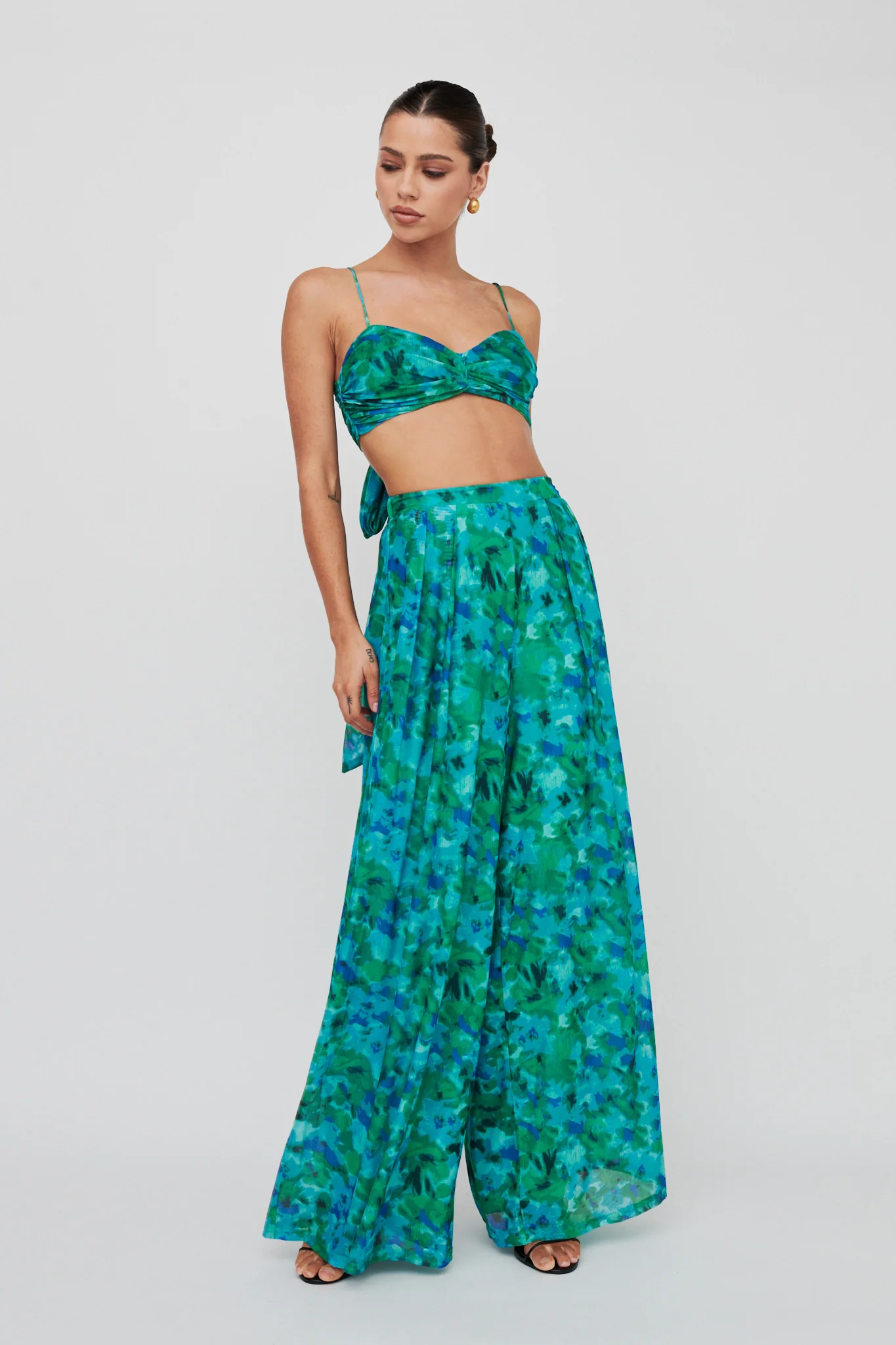 Tammi Tied Back Crop Top Floral Green
