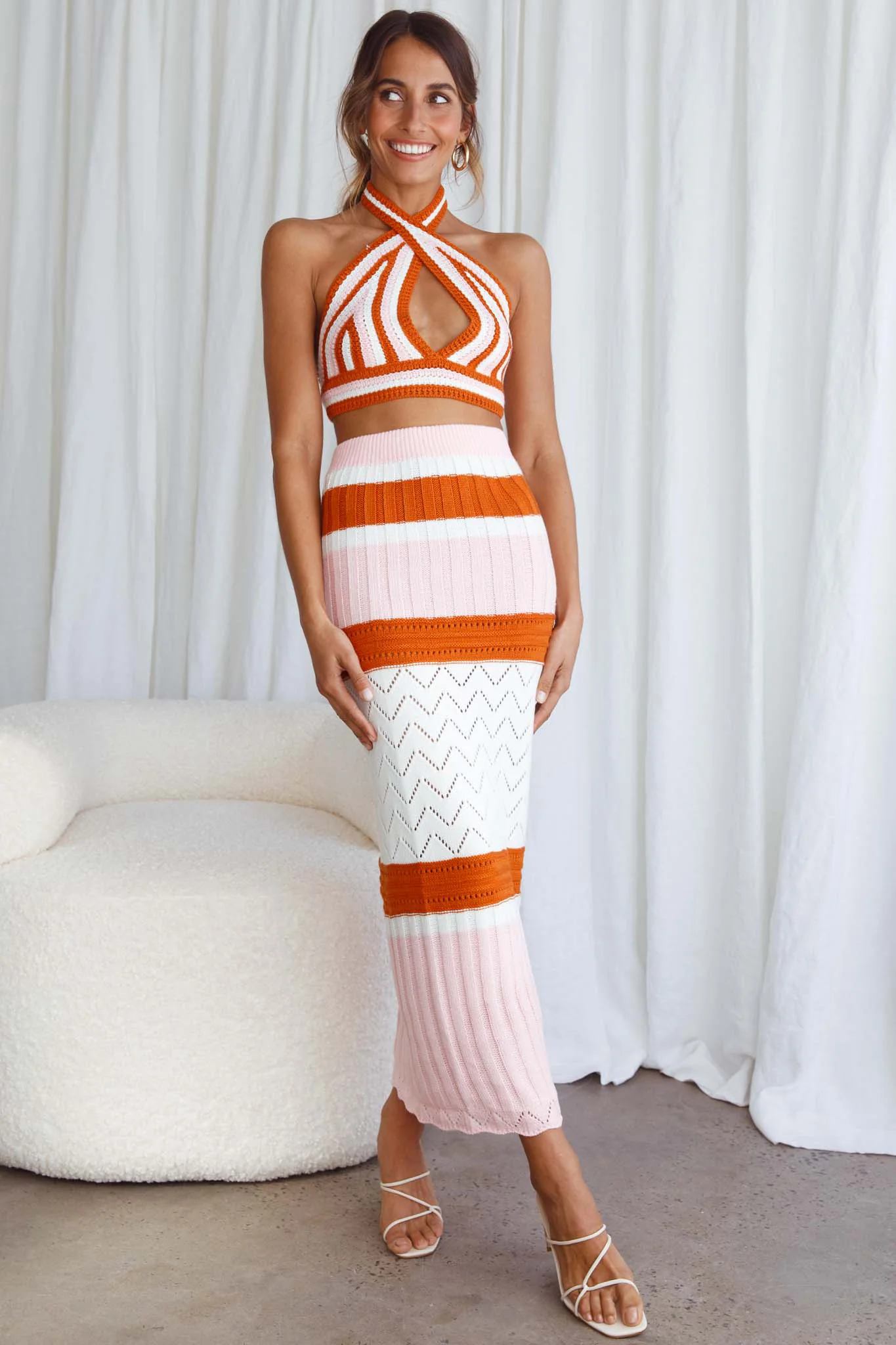 Higher Love Knit Halterneck Crop Top Striped Orange