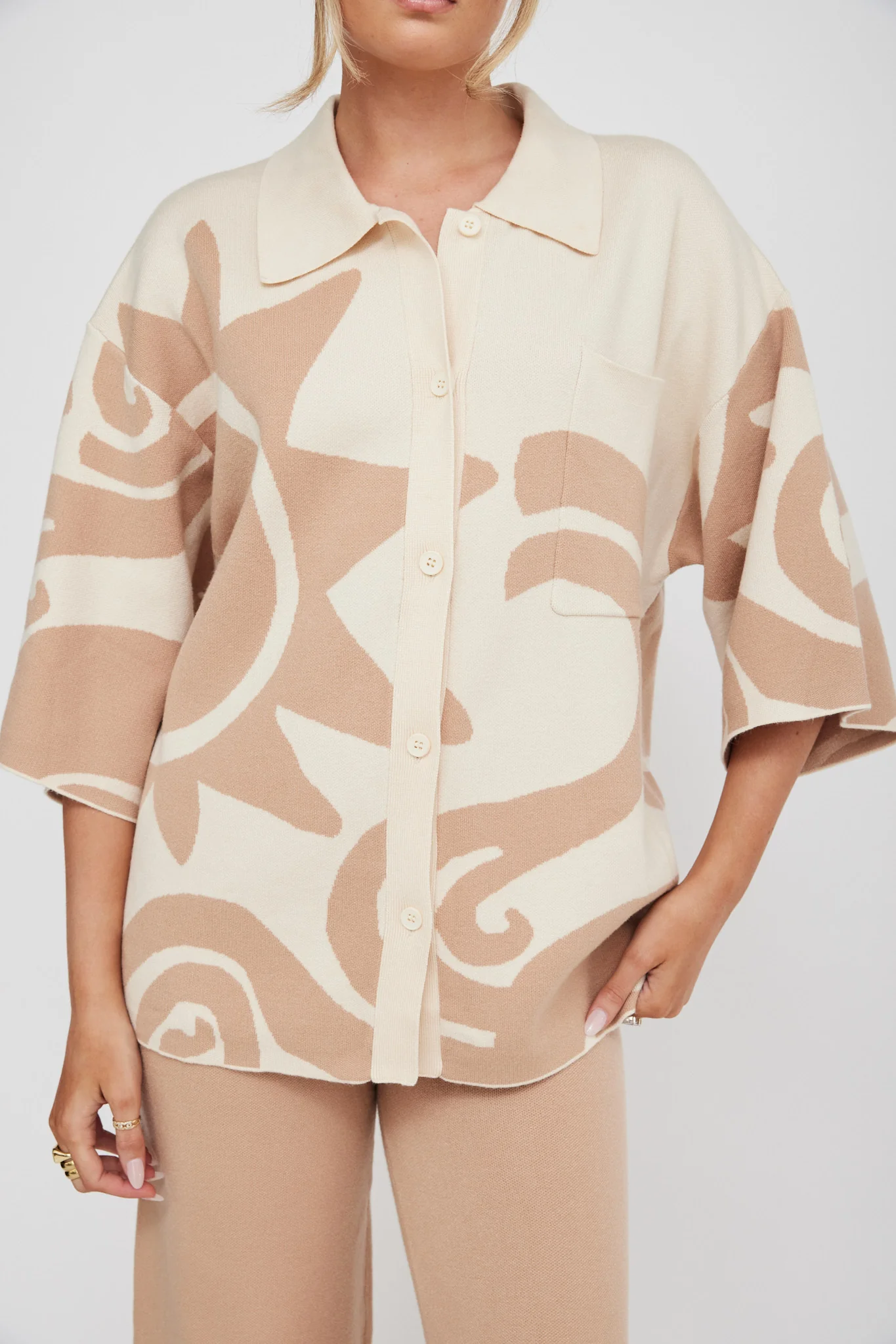 Nalani Button Up Knit Shirt Sand Wood