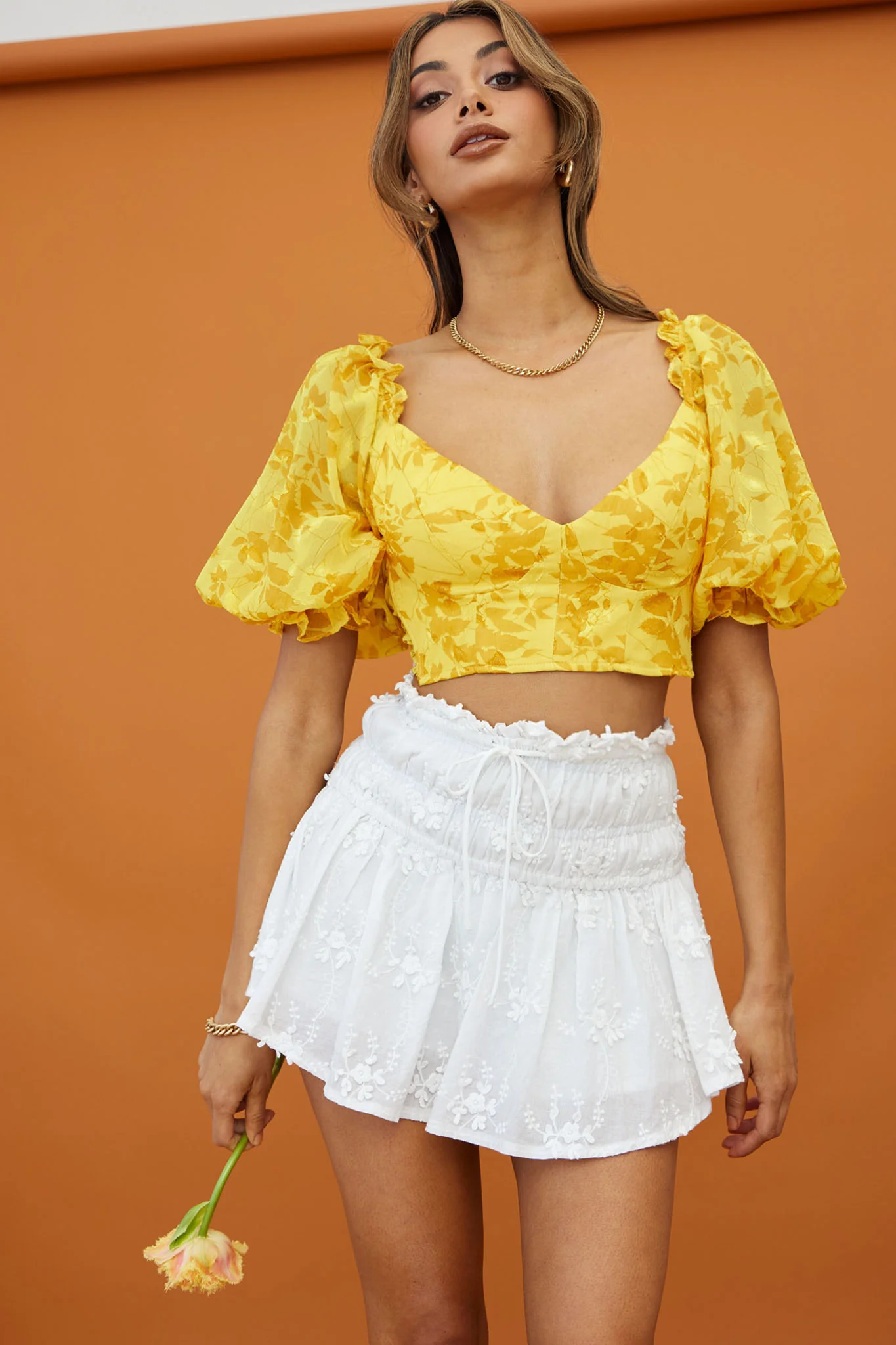 Rosetta Puff Sleeve Keyhole Back Crop Top Floral Print Yellow