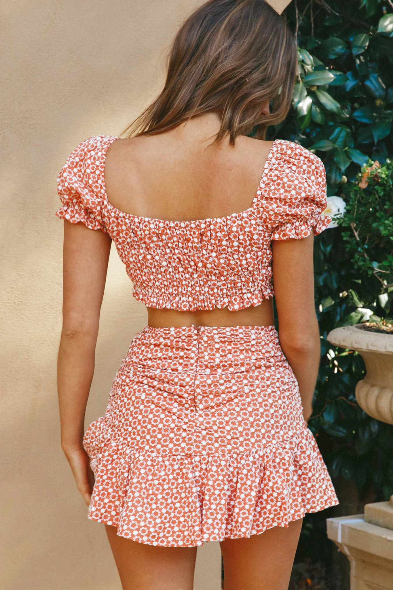 Paradis Off-Shoulder Shirred Eyelet Embroidery Crop Top Terracotta