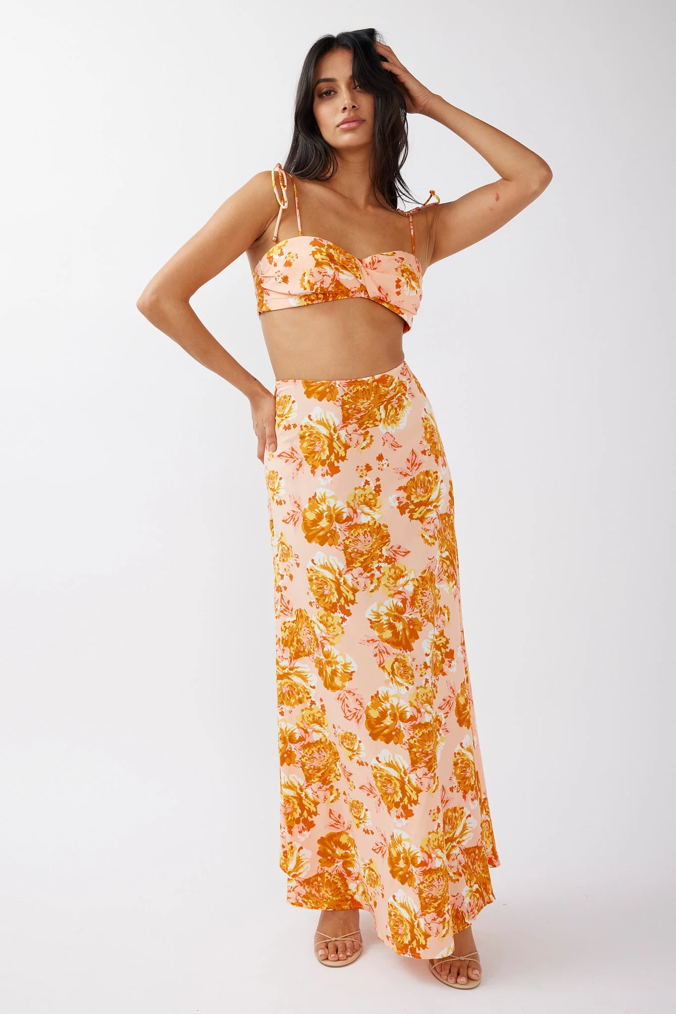 Gabbi Tied Shoulder Crop Top Floral Orange