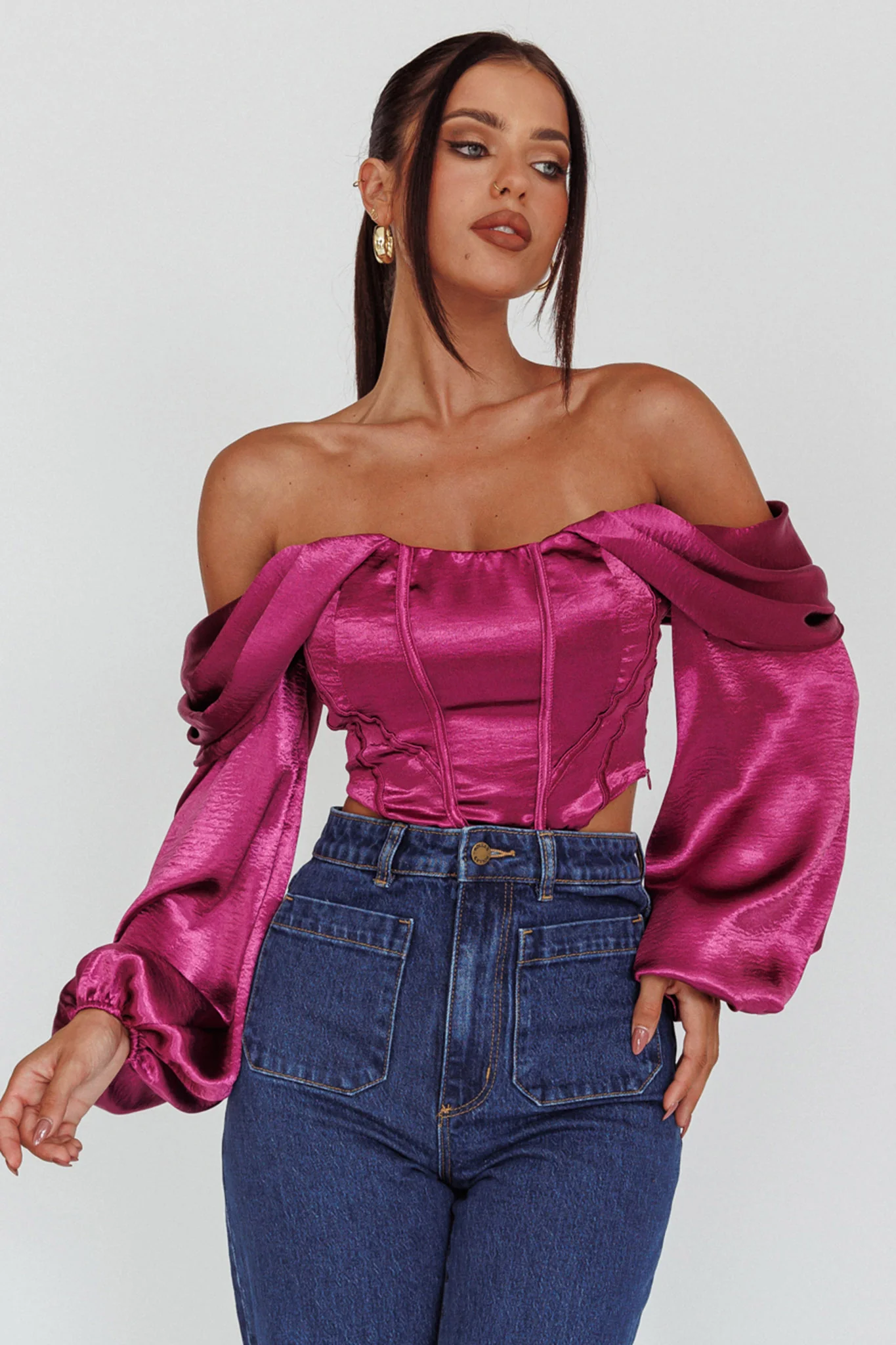 Elouise Off-Shoulder Long Sleeve Top Berry