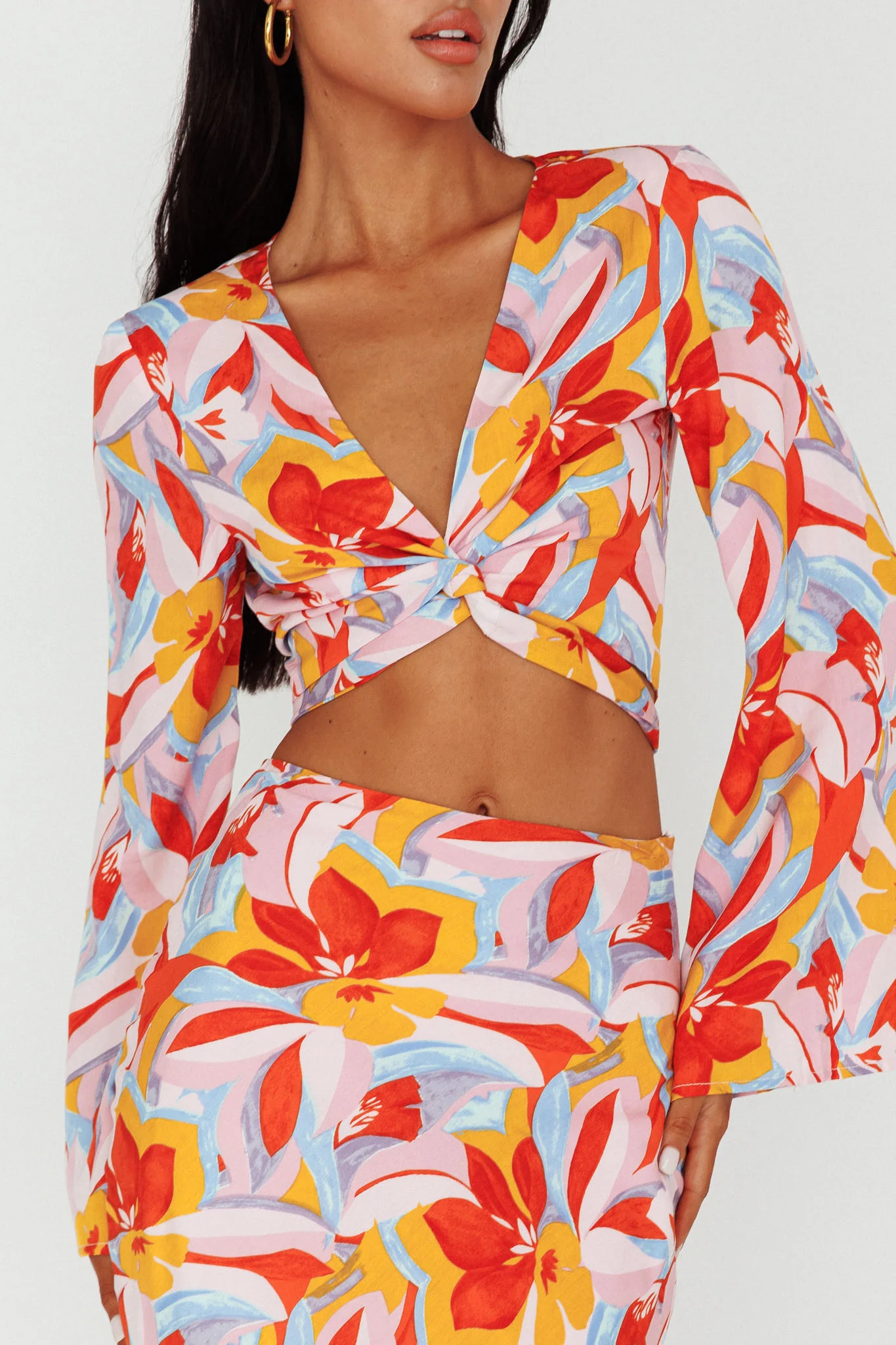 Avalo Bell Sleeve Crop Top Floral Pink