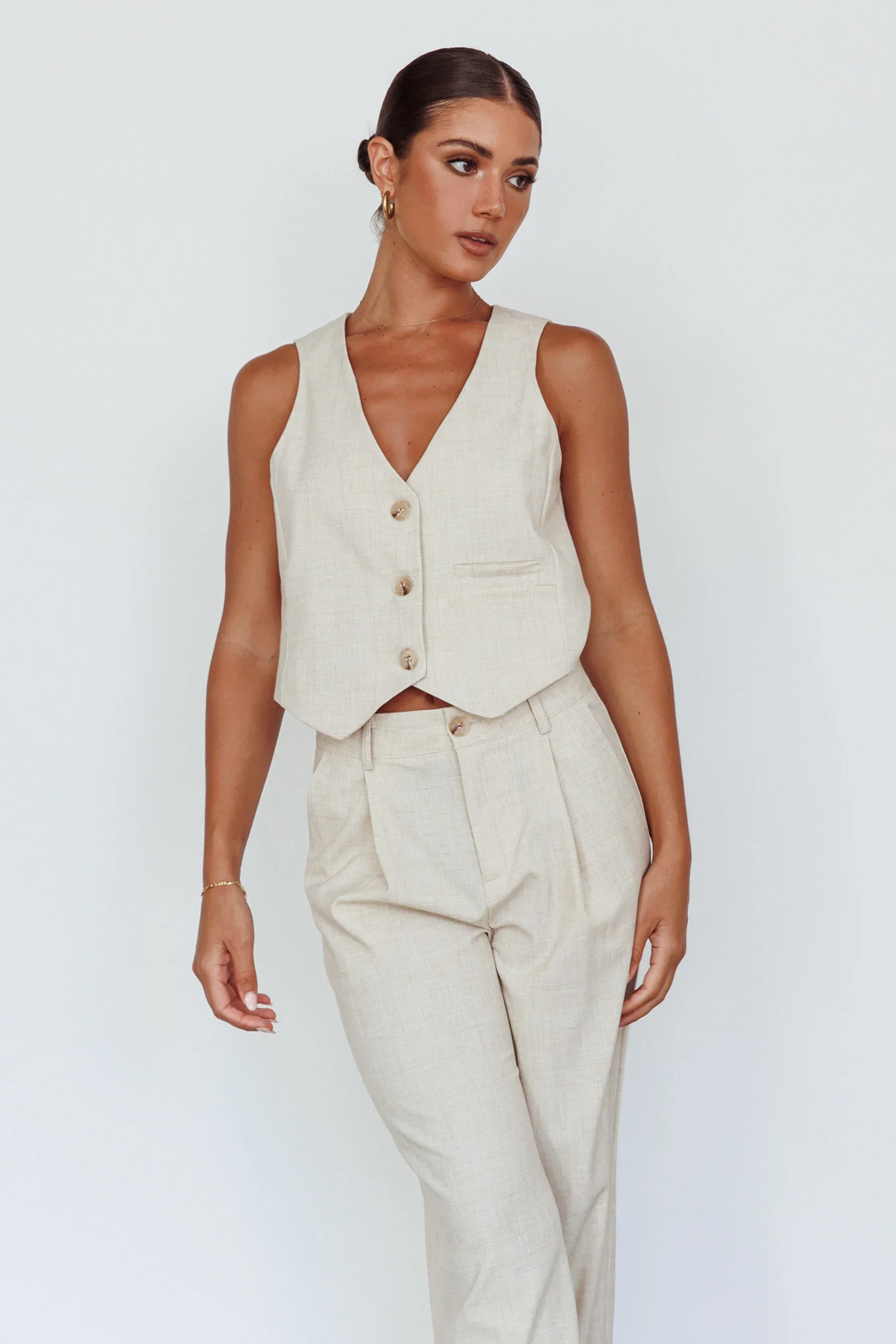 Times Square Buttoned Waistcoat Top Natural