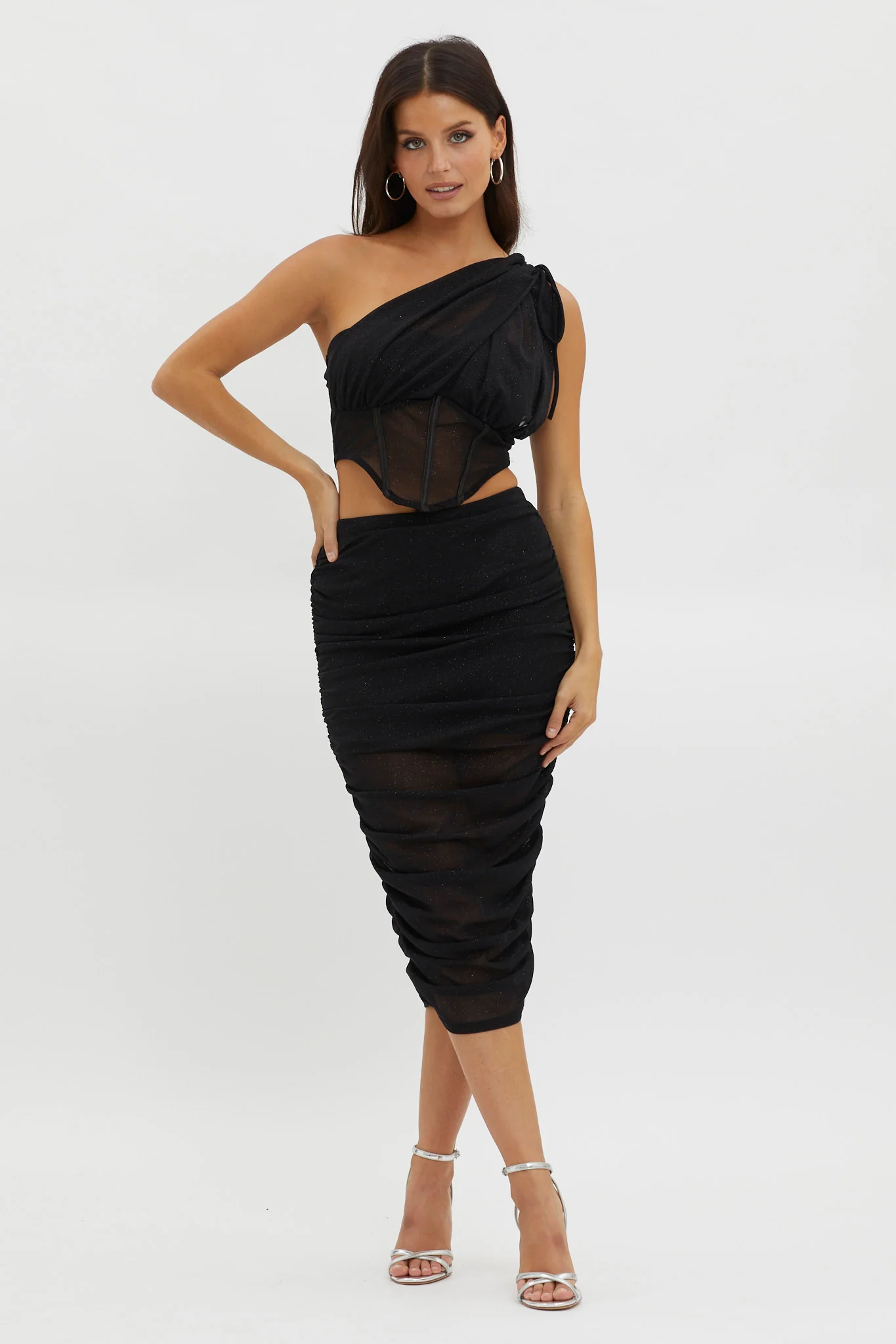 Maddisan One-Shoulder Glitter Mesh Top Black