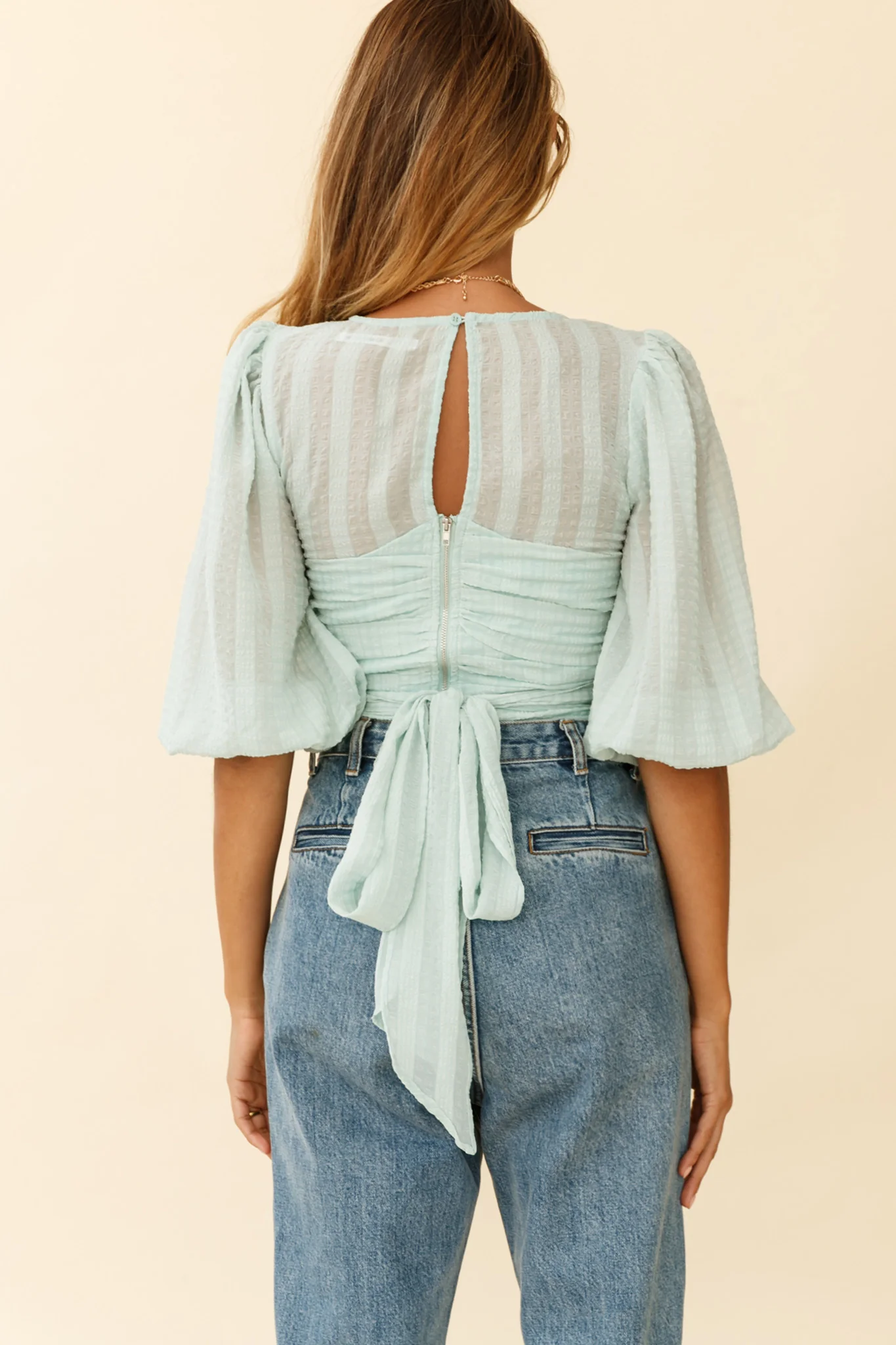 Emerson Puff Sleeve Waist Tie Top Mint