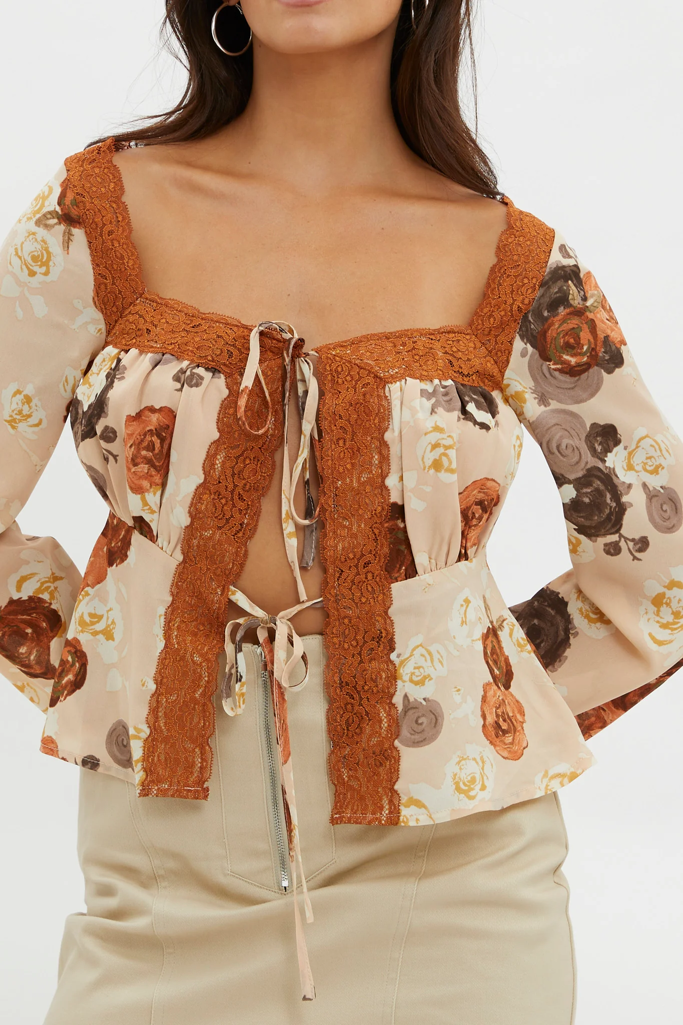 Moxie Tie Front Lace Trim Top Brown