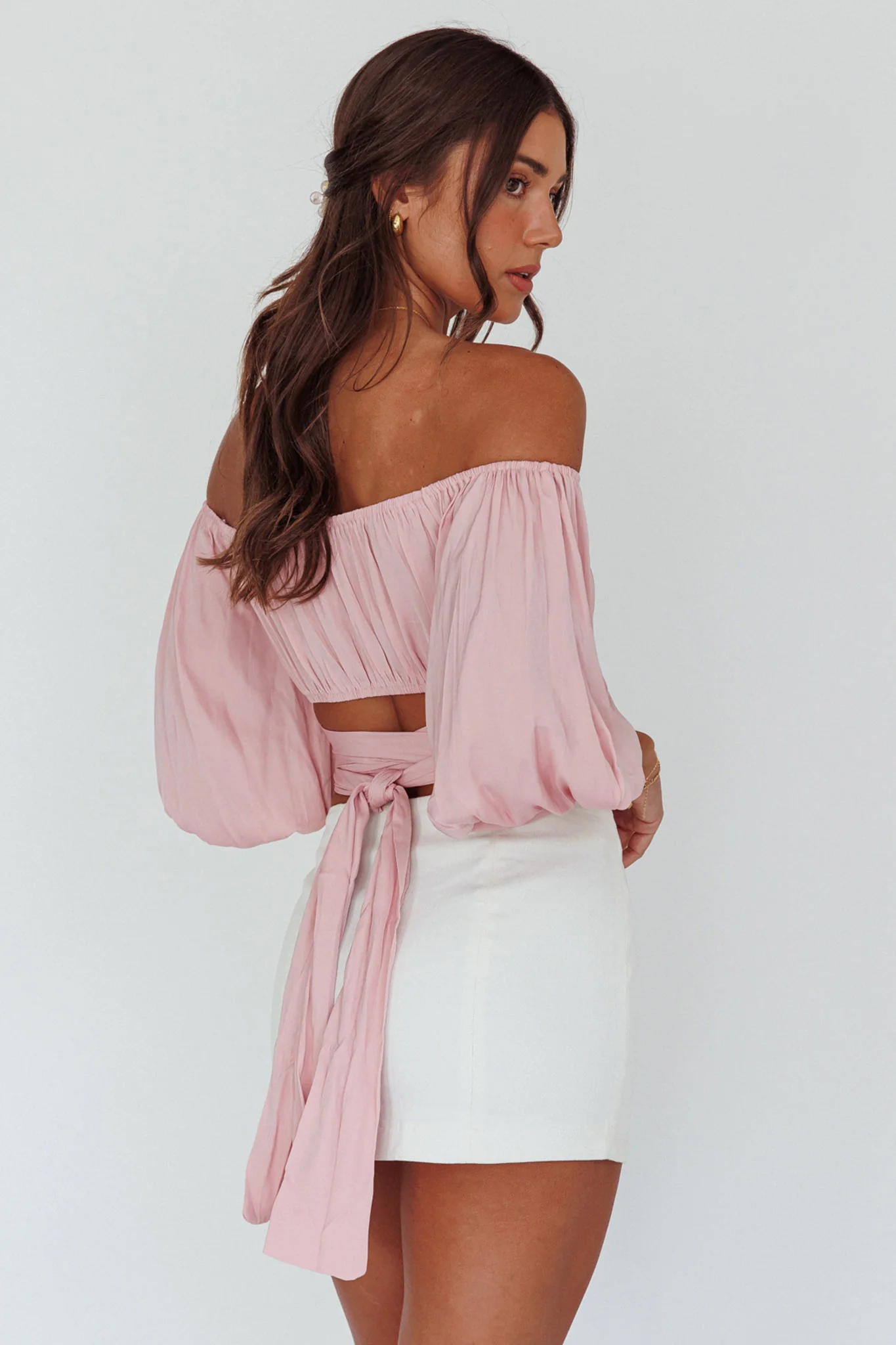 Linka Off-Shoulder Half Sleeve Tie-Back Crop Top Blush