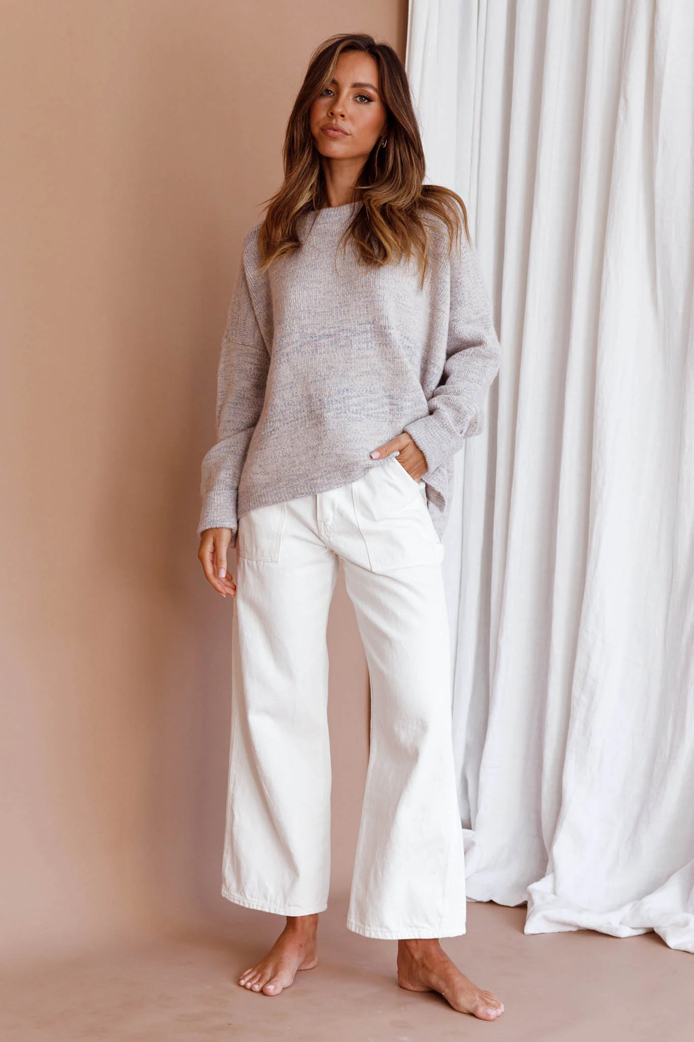 Kayce Dropped Shoulder Knit Sweater Grey