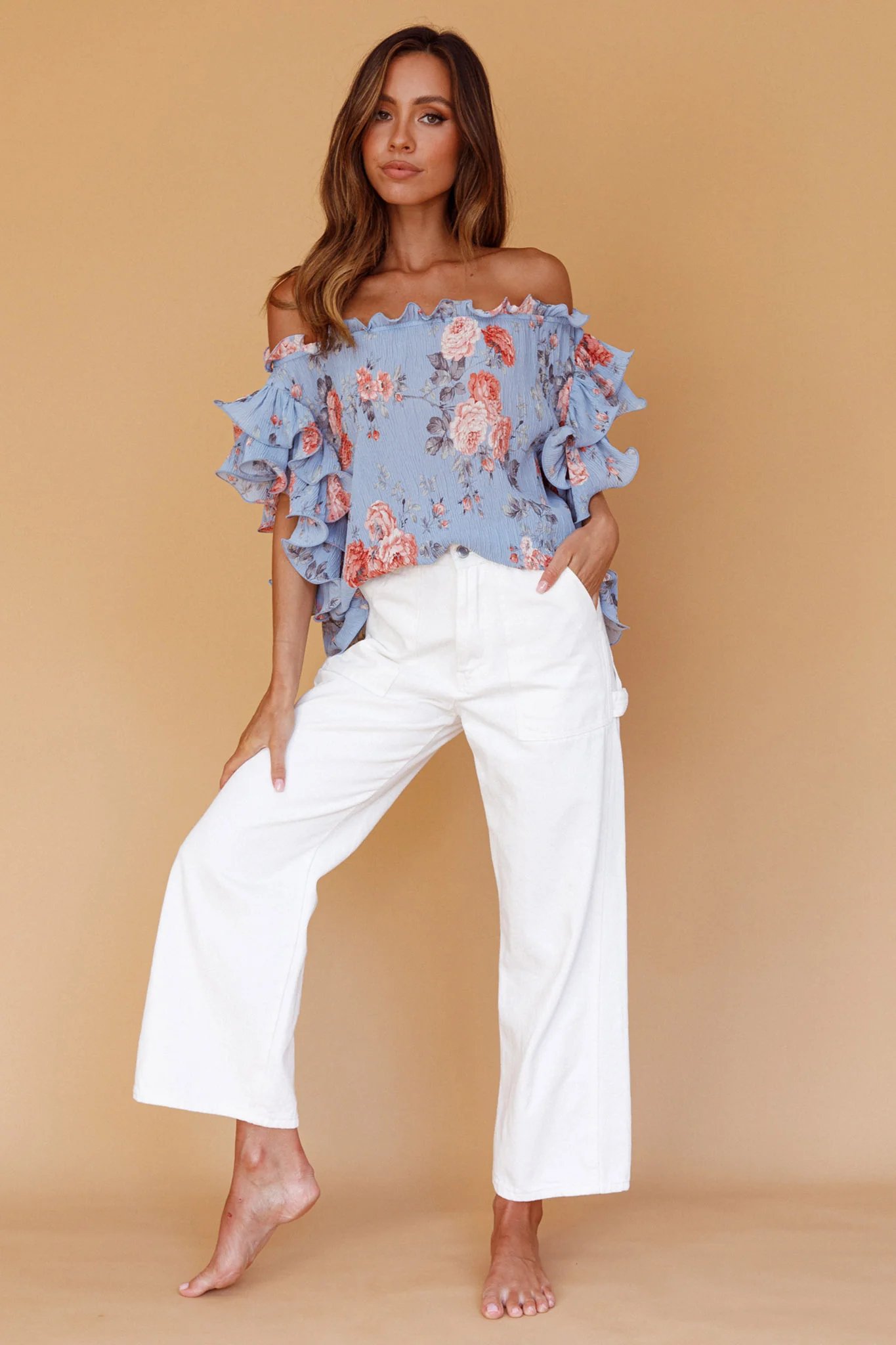 Miranda Off-Shoulder Ruffle Sleeve Top Floral Print Blue