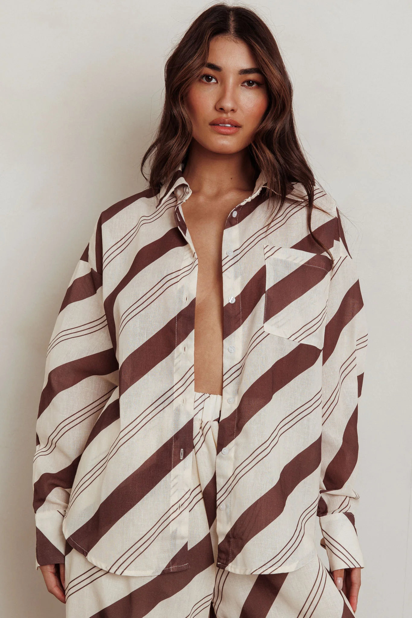 Alex Long Sleeve Striped Print Shirt Cream/Cacao