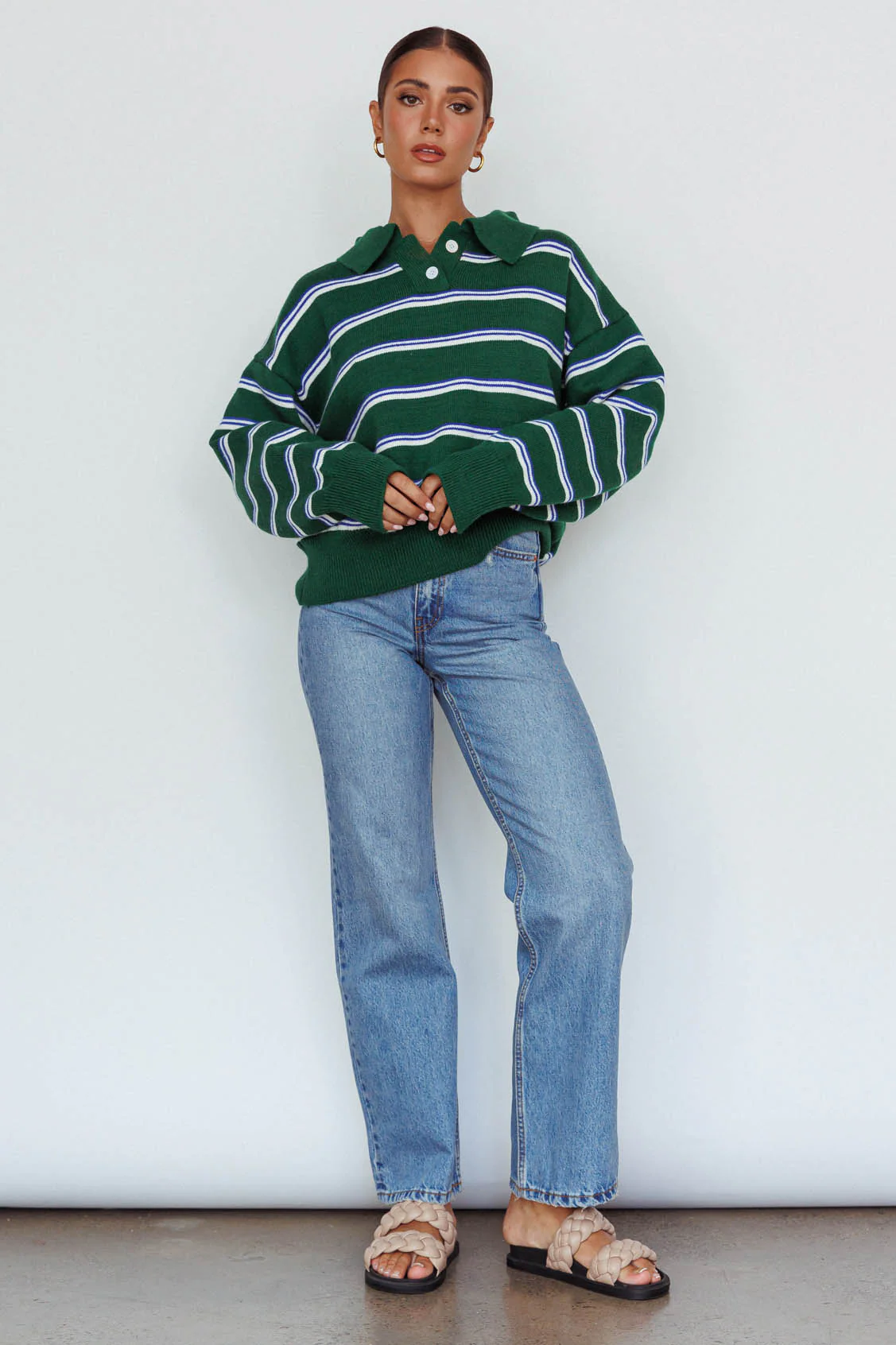 Boston Collared Knit Sweater Striped Forest Green