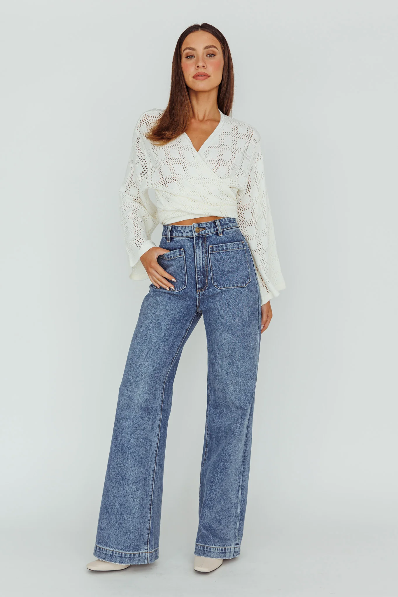 Rivera Deep-V Waist-Tie Top Crochet White