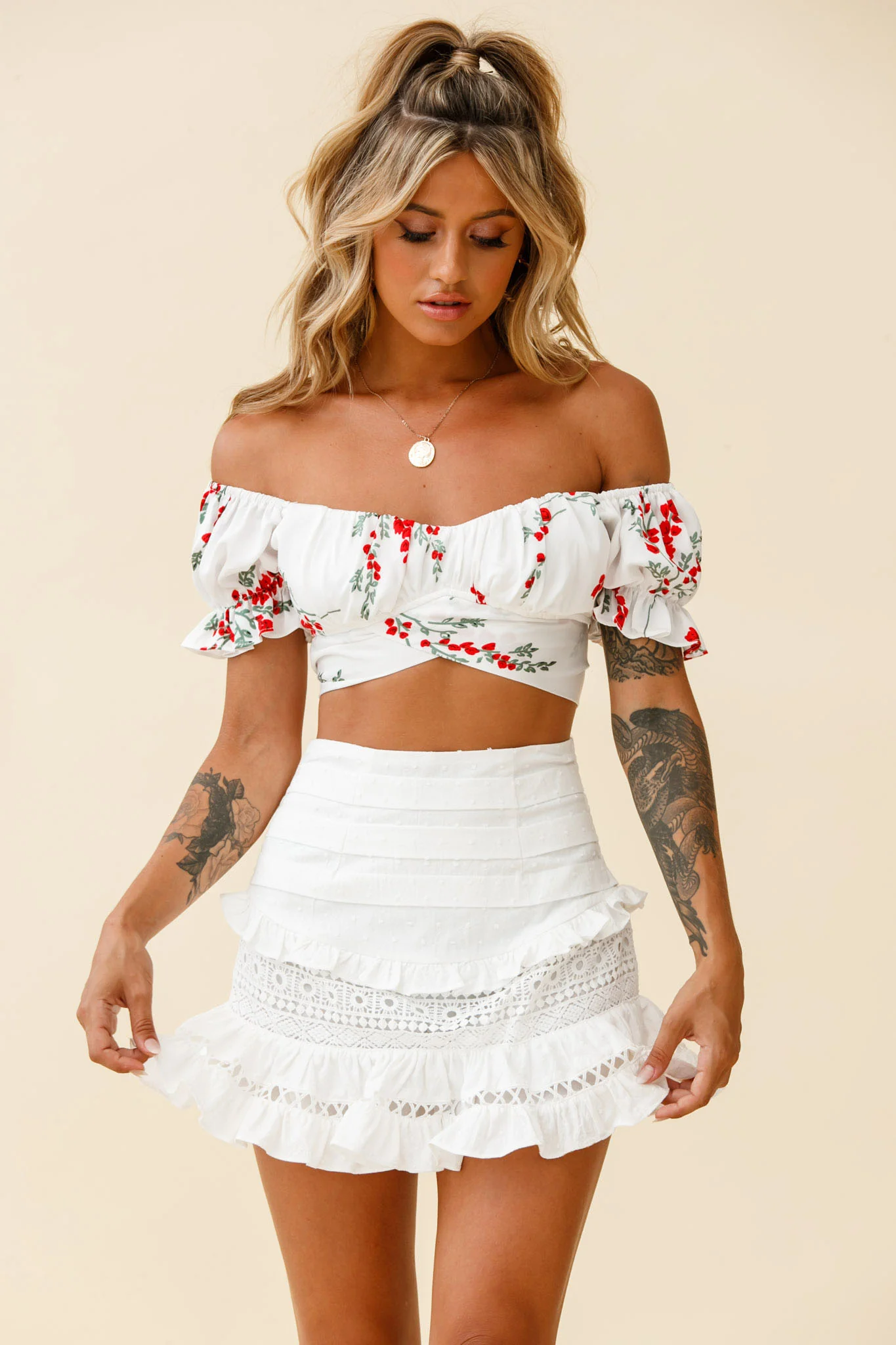 Linka Off-Shoulder Tie-Back Crop Top Red Floral Print White