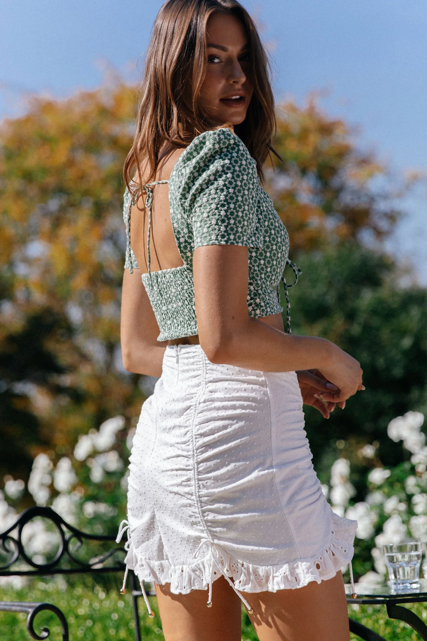 Le Jardin Lace-Up Bust Crop Top Floral Embroidery Garden