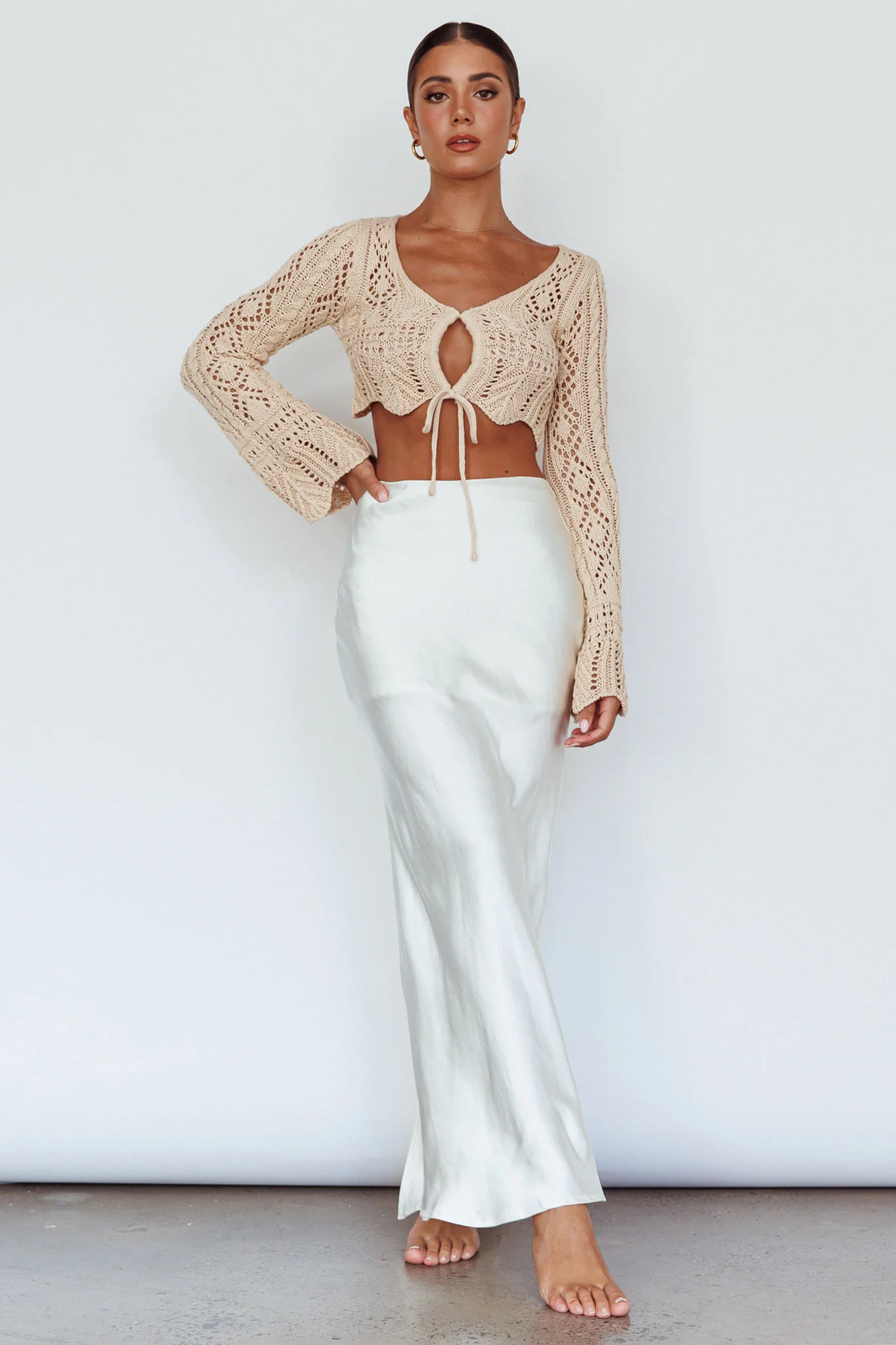 Maycie Long Sleeve Crochet Crop Top Beige