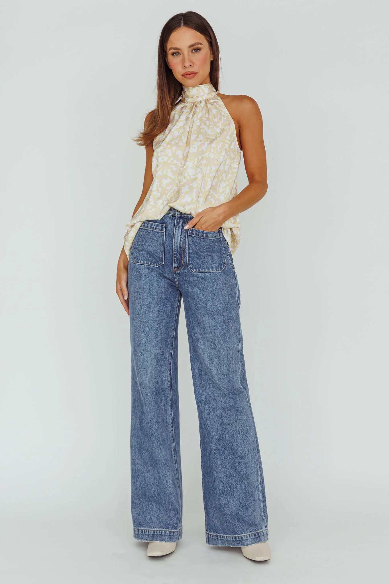 Calisto Sleeveless Tied Neck Top Geometric Yellow