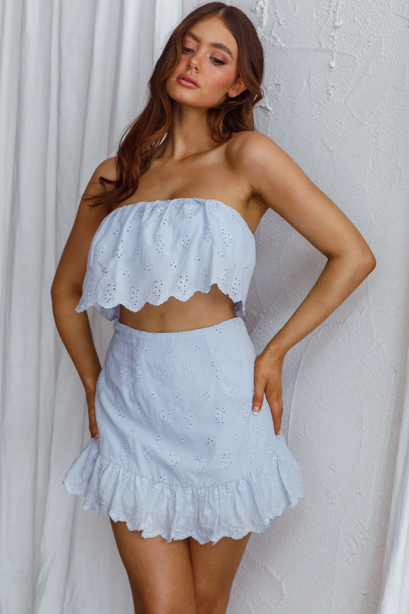 Kyla Scalloped Eyelet Crop Top Blue