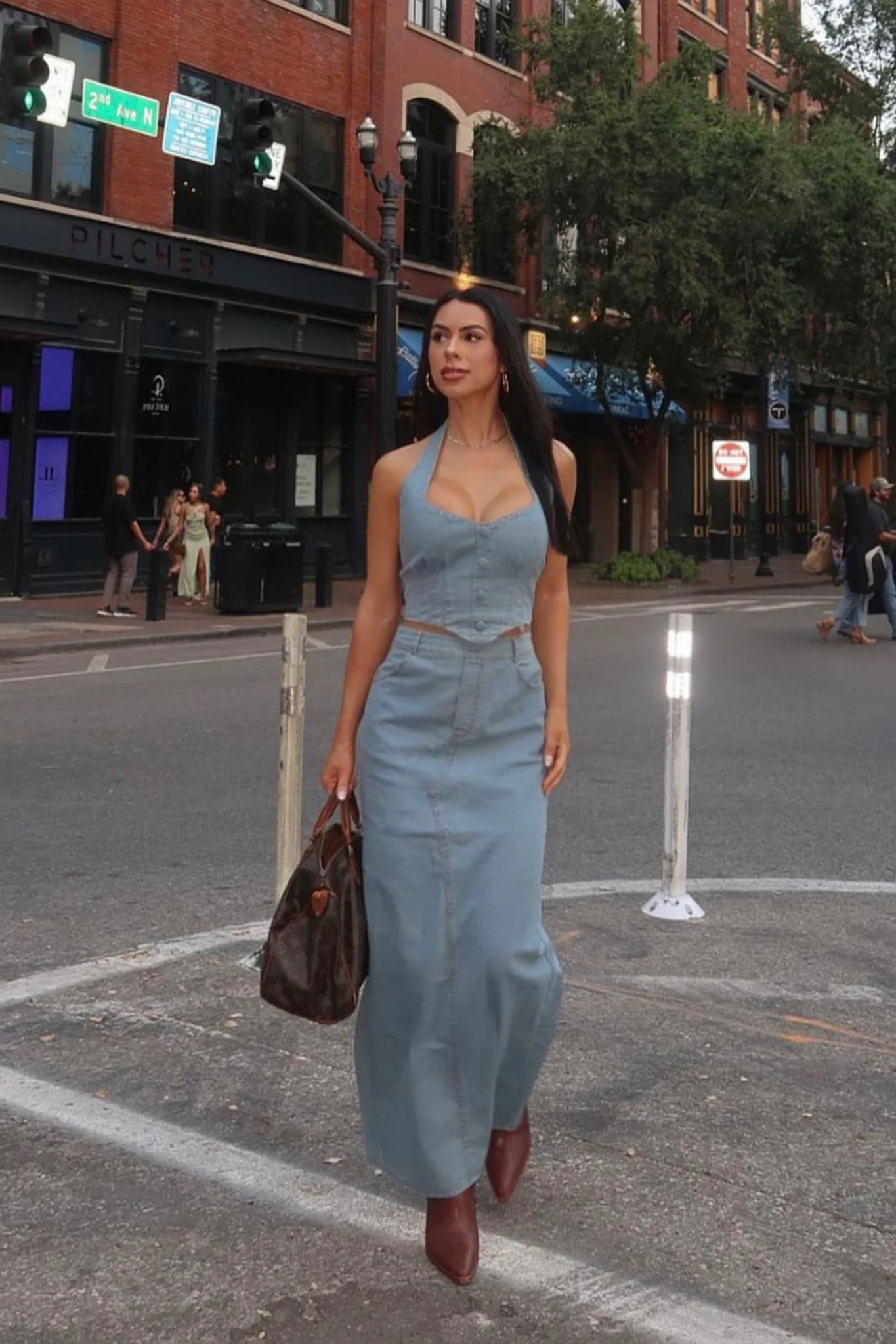 Zurich Halter Crop Top Denim Blue