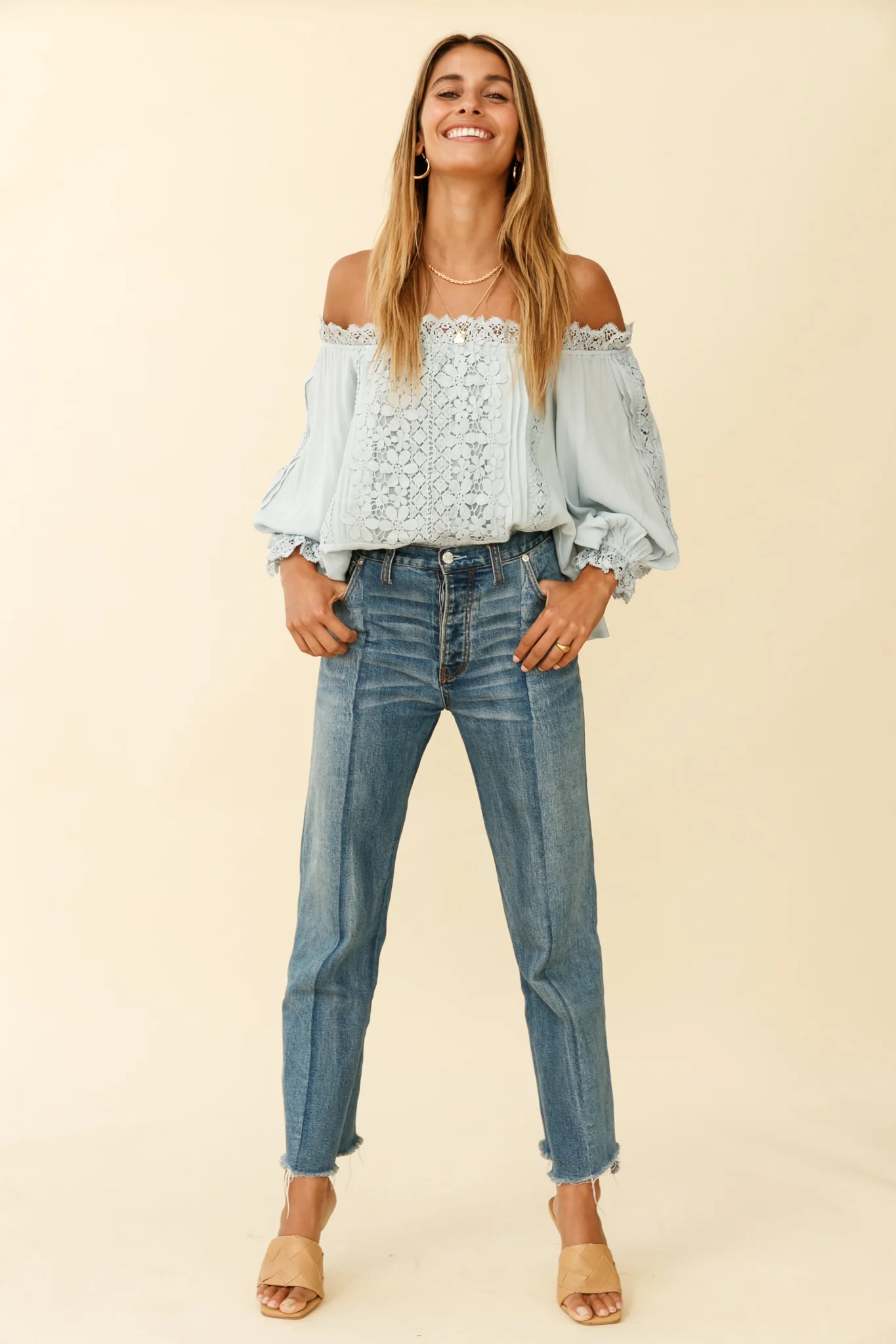 Homeward Off-Shoulder Lace Top Steel Blue