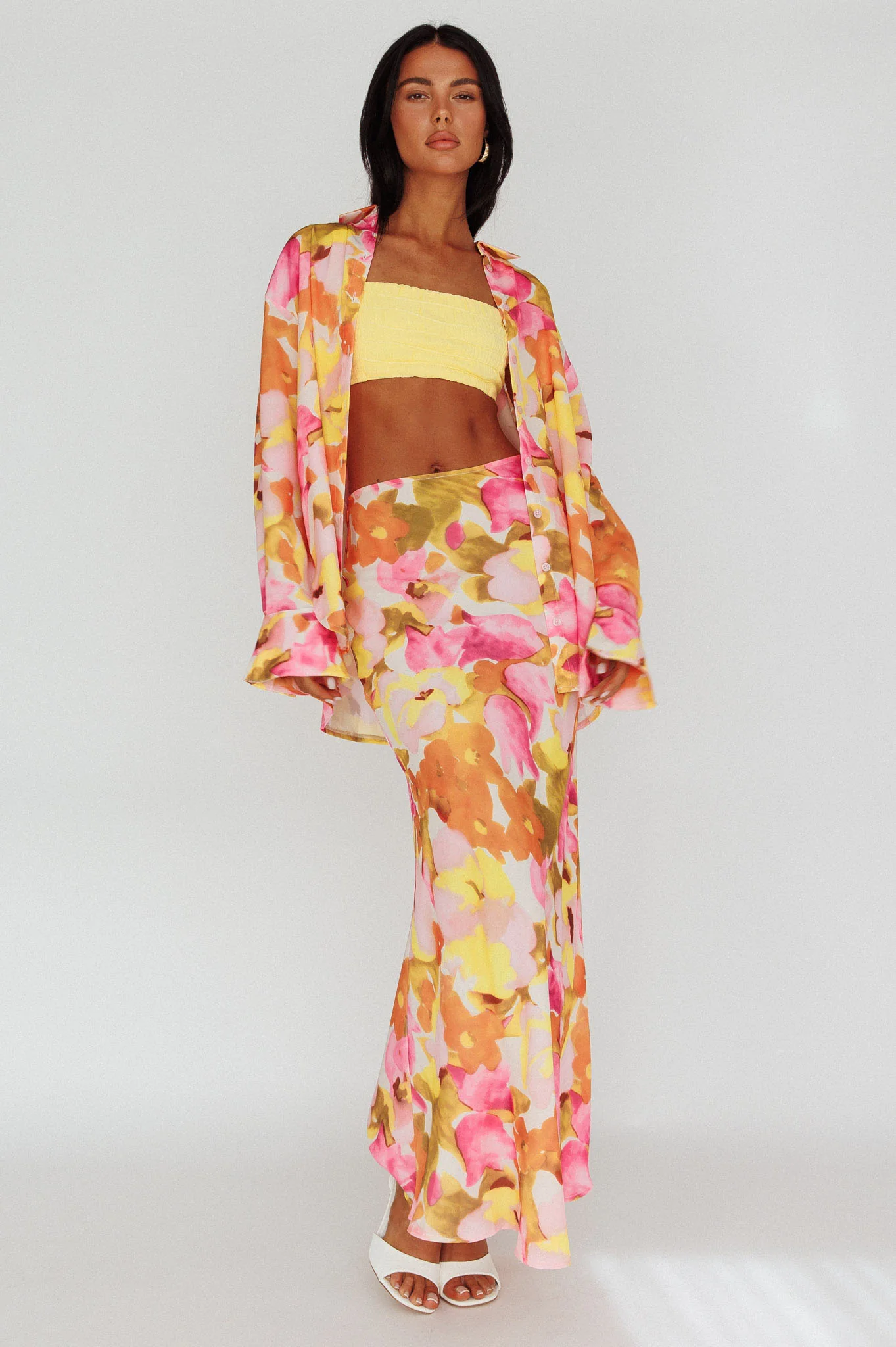 Vacation Long Sleeve Flared Cuff Shirt Pink/Yellow